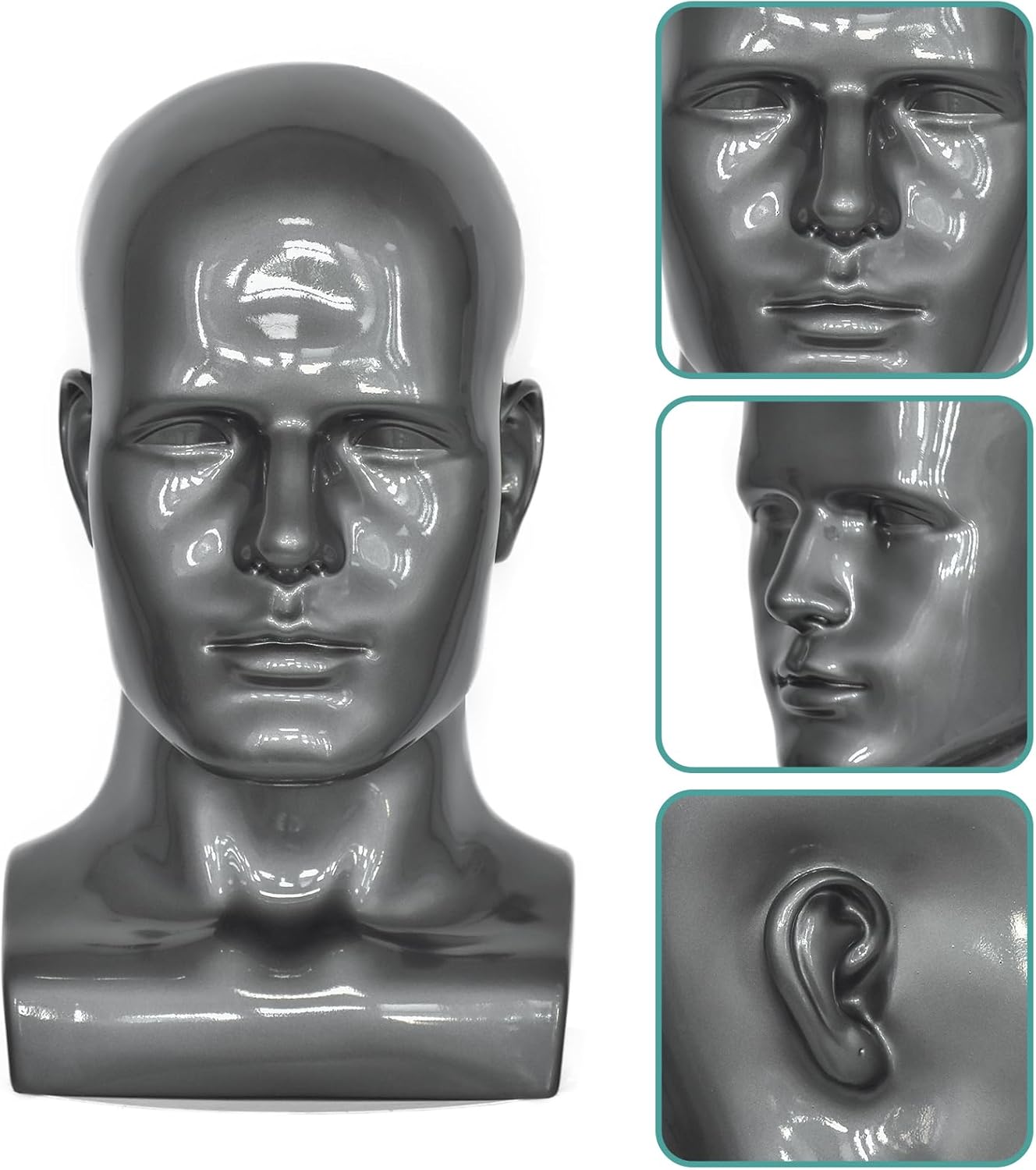 Male Mannequin Head PVC Professional Head Model Training Display for Wigs Hat Mask Scarf Sunglasses with Mount Hole (sliver grey)