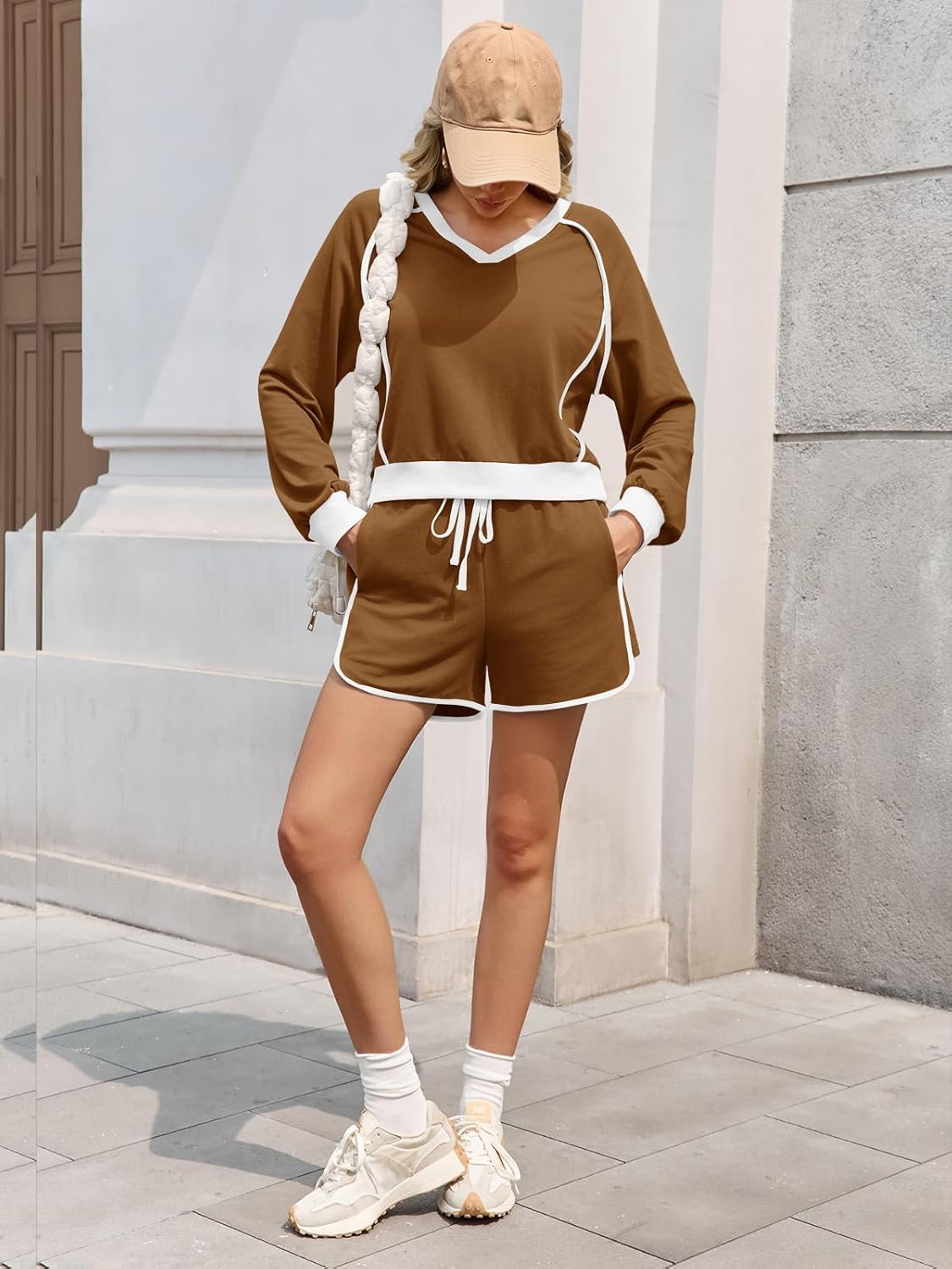 Fisoew Womens 2 Piece Outfits Casual V Neck Cropped Sweatshirt High Waisted Workout Shorts Sets Loose Tracksuits - Image 5