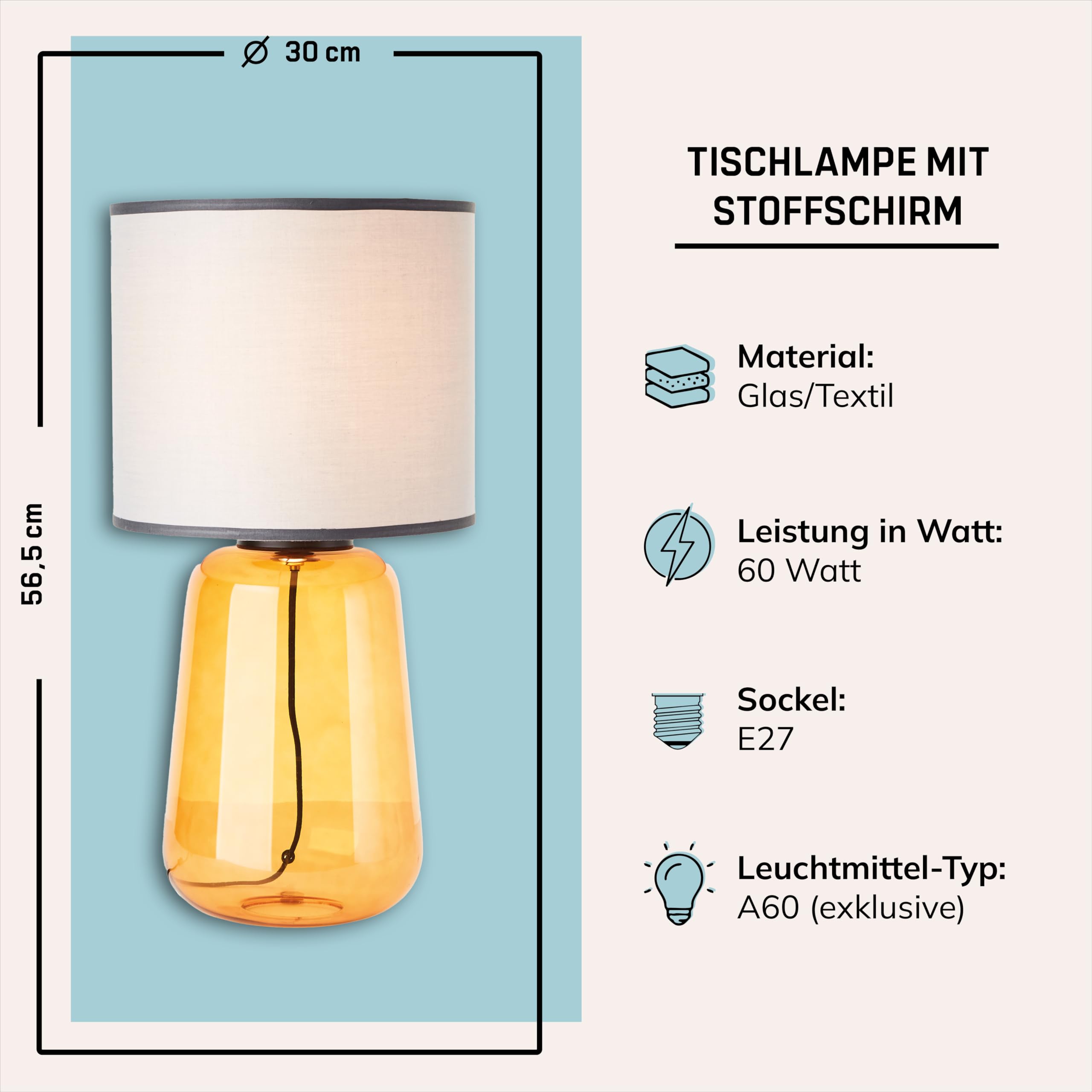 Lightbox Tischlampe - Tischleuchte mit Stoffschirm - Lampe für Wohnzimmer, Schlafzimmer & Fensterbank - exkl. E27 LED