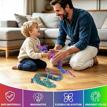 3D Printed Dragon Toys with Eyes, 24 inch 3d printed dragon large, Bendable and Flexible Big Fidget, Home Office Decor (Colorful, 24in)