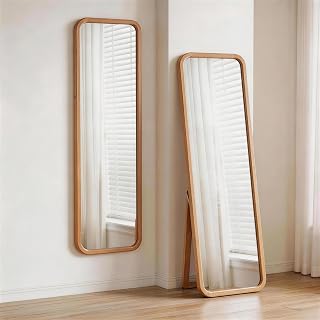 GDFStudio 63" H Solid Beech Wood Full Length Mirror with Stand, Standing Mirror Full Length, 2-in-1 Floor & Wall Mounted Full Body Mirrors, Dressing Mirrors for Bedroom Living Room, Natural Wood
