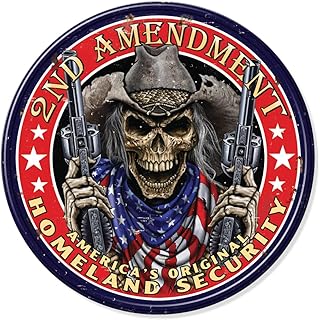 Desperate Enterprises 2nd Amendment America's Original Homeland Security Round Aluminum Sign with Embossed Edge, Nostalgic Vintage Metal Wall Décor - Made in USA