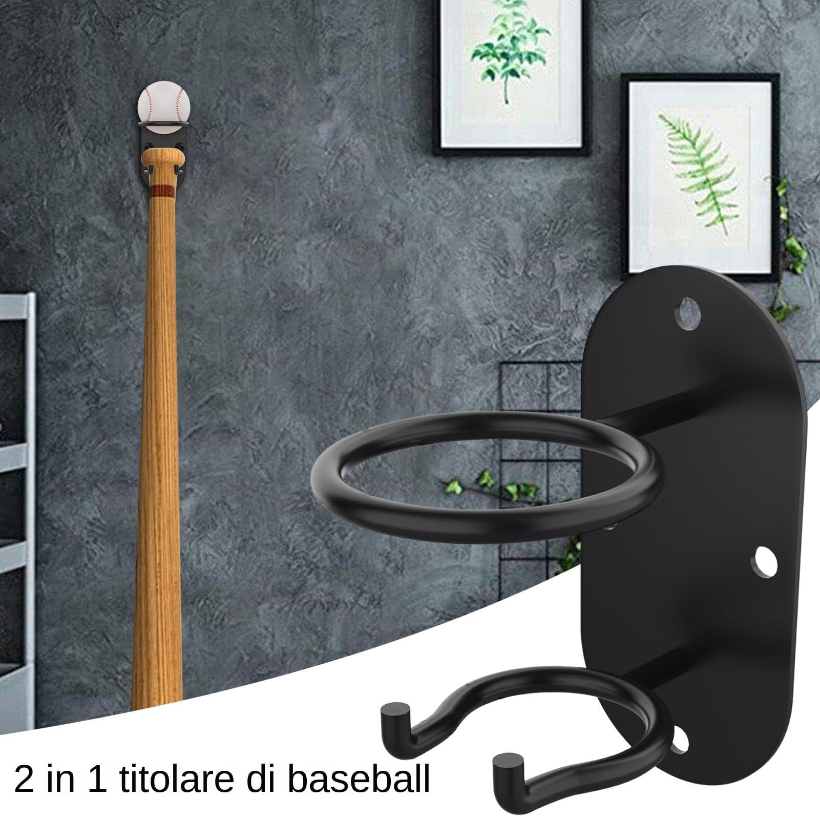 Monte a parete della mazza da baseball - Porta della mazza da baseball | 2 in 1 supporto da baseball | Monte a parete del titolare del | accessorii per sport pesanti per baseball, hockey