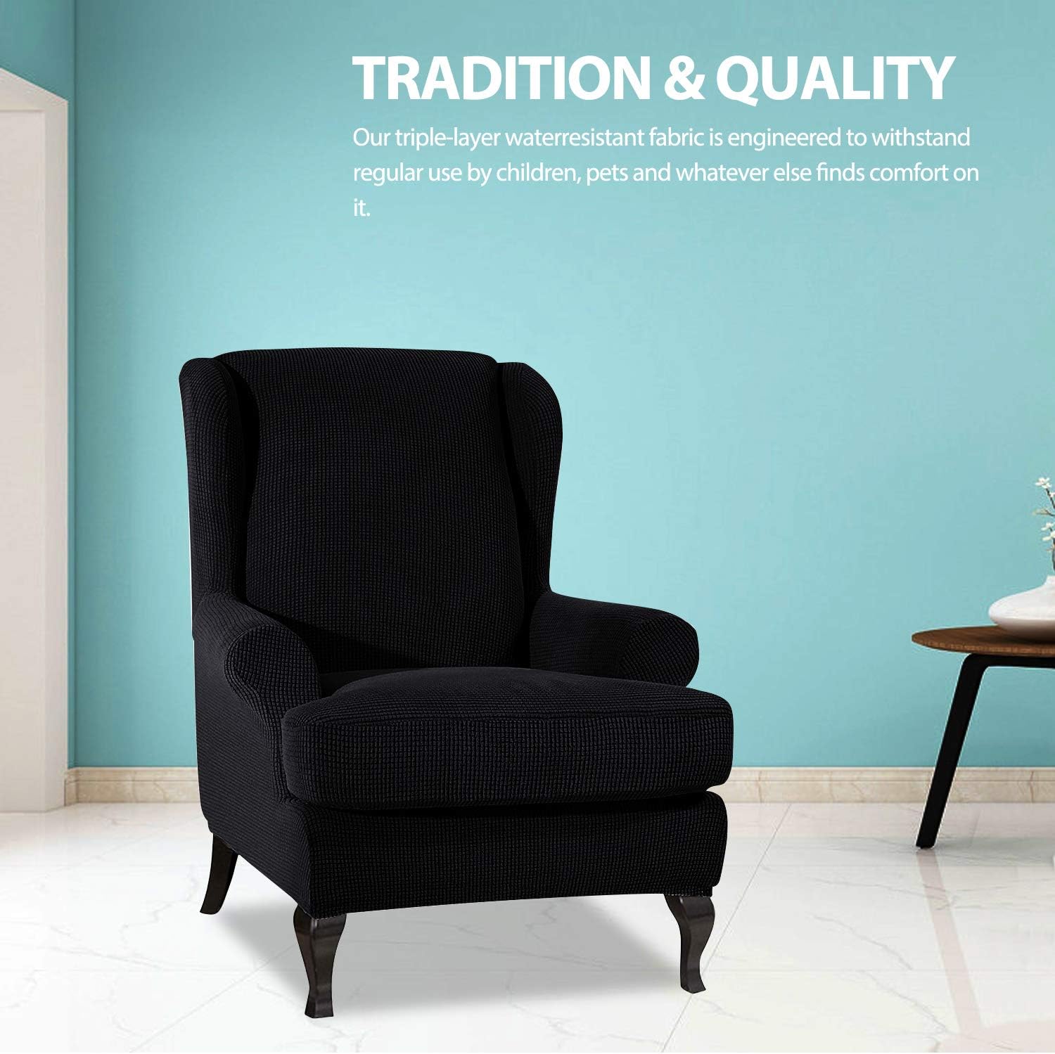 PETCUTE Wing Chair Slipcovers Armchair Covers with Ears Stretch Wing Chair Covers Jacquard Furniture Protector Black - Image 3