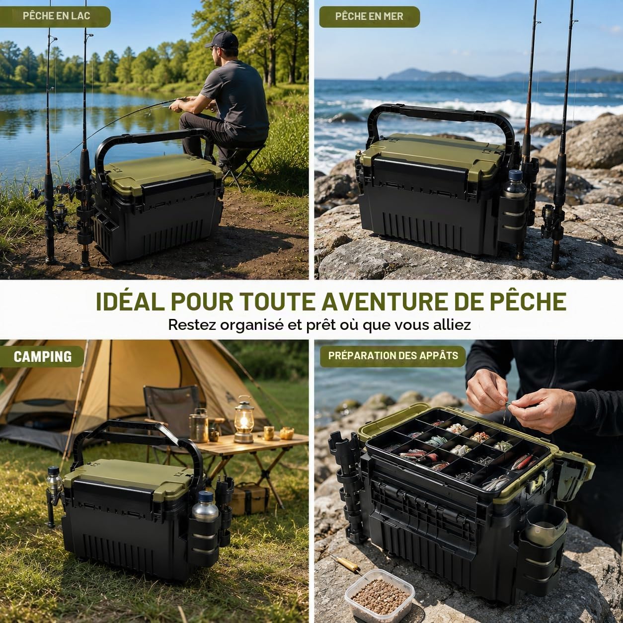Mallette de pêche à 2 couches avec porte-canne, boîte de rangement verte
