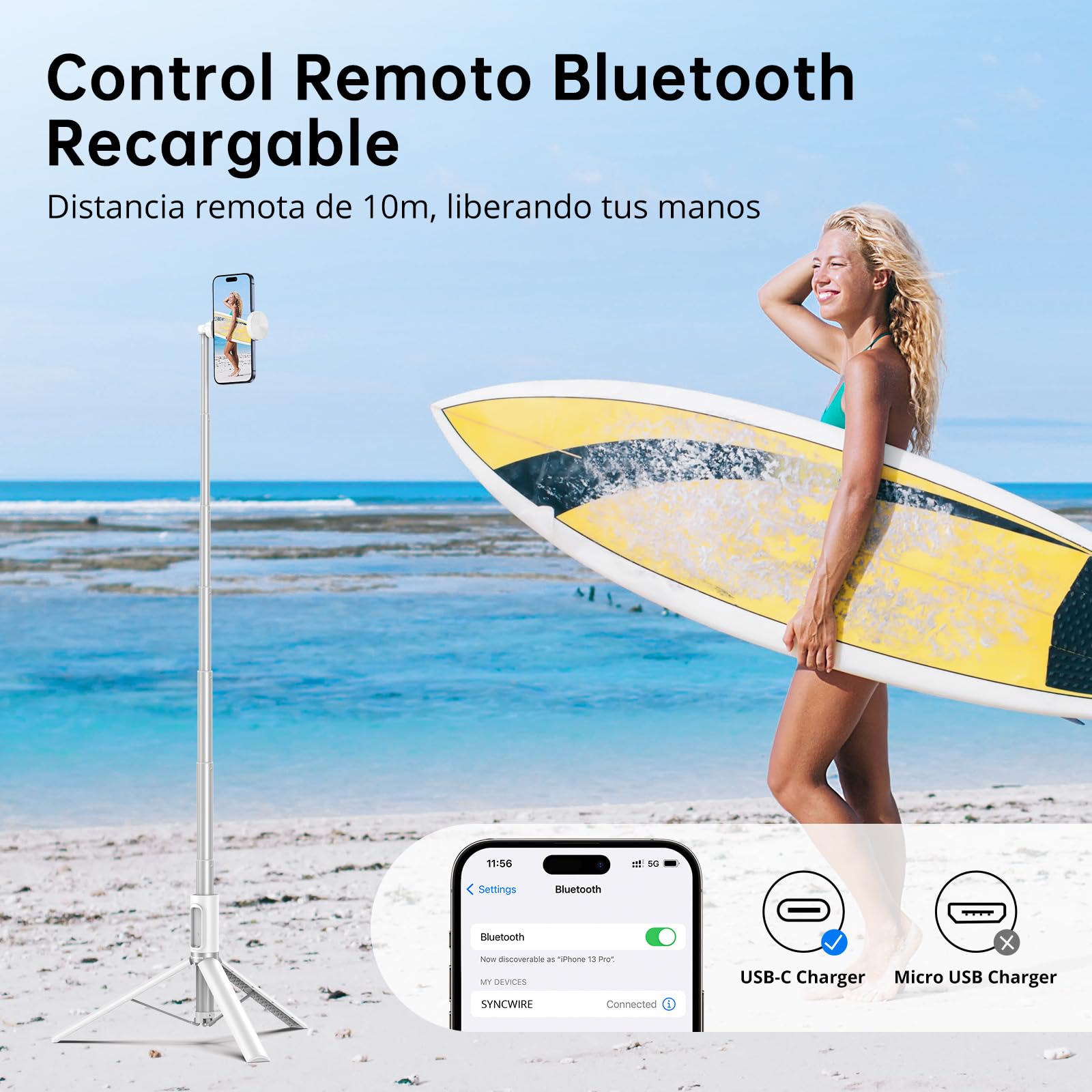 SYNCWIRE Palo Selfie 140cm, Selfie Stick con Ángulo Ajustable y Control Remoto Bluetooth Recargable, Trípode Extensible de Aluminio, Compatible con Teléfonos iPhone y Android （Blanco）