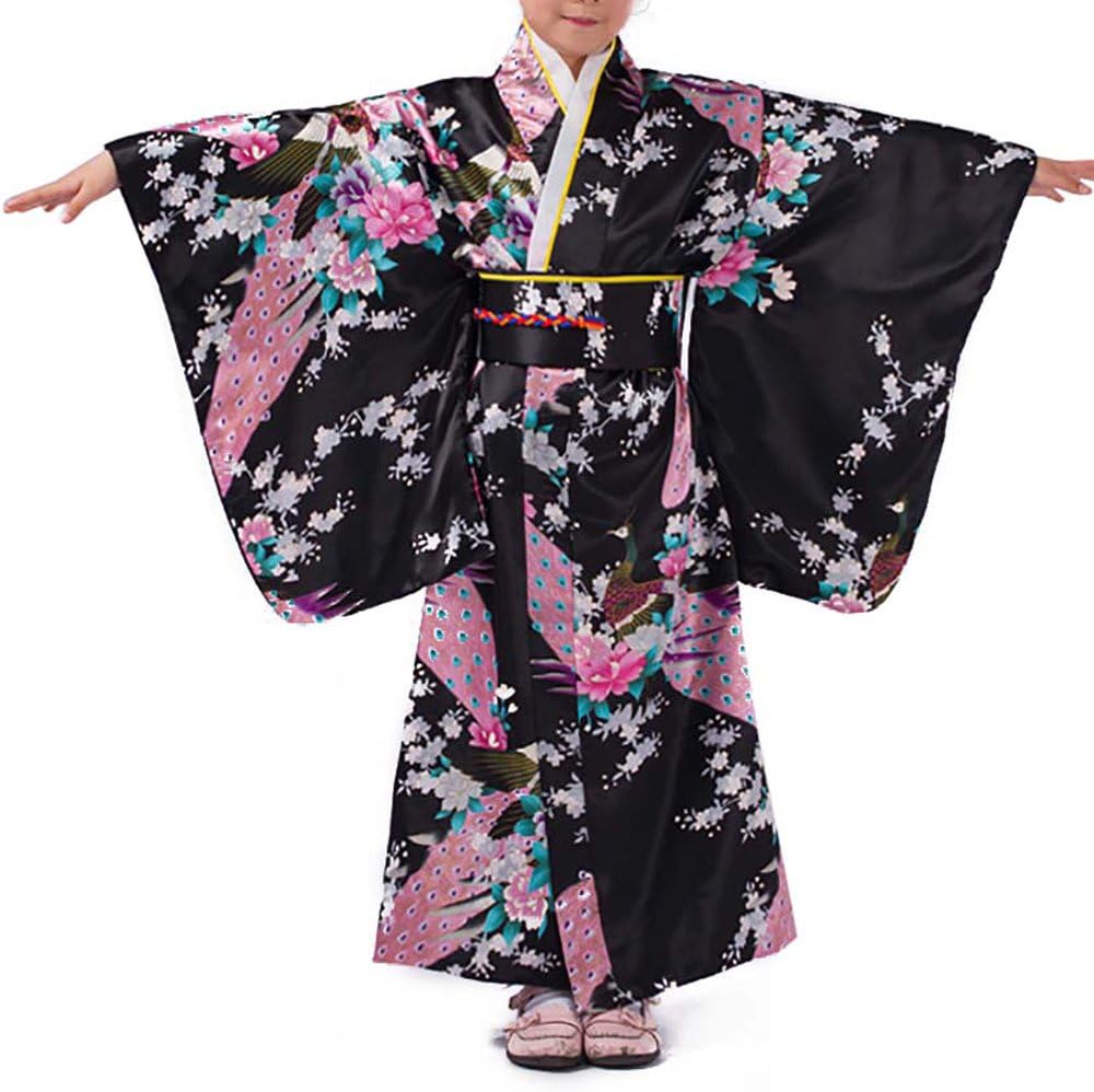 Kids Japanese Geisha Costume Girl Deluxe Blossom Kimono Yukata Robe with OBI Belt Party Halloween Fancy Dress