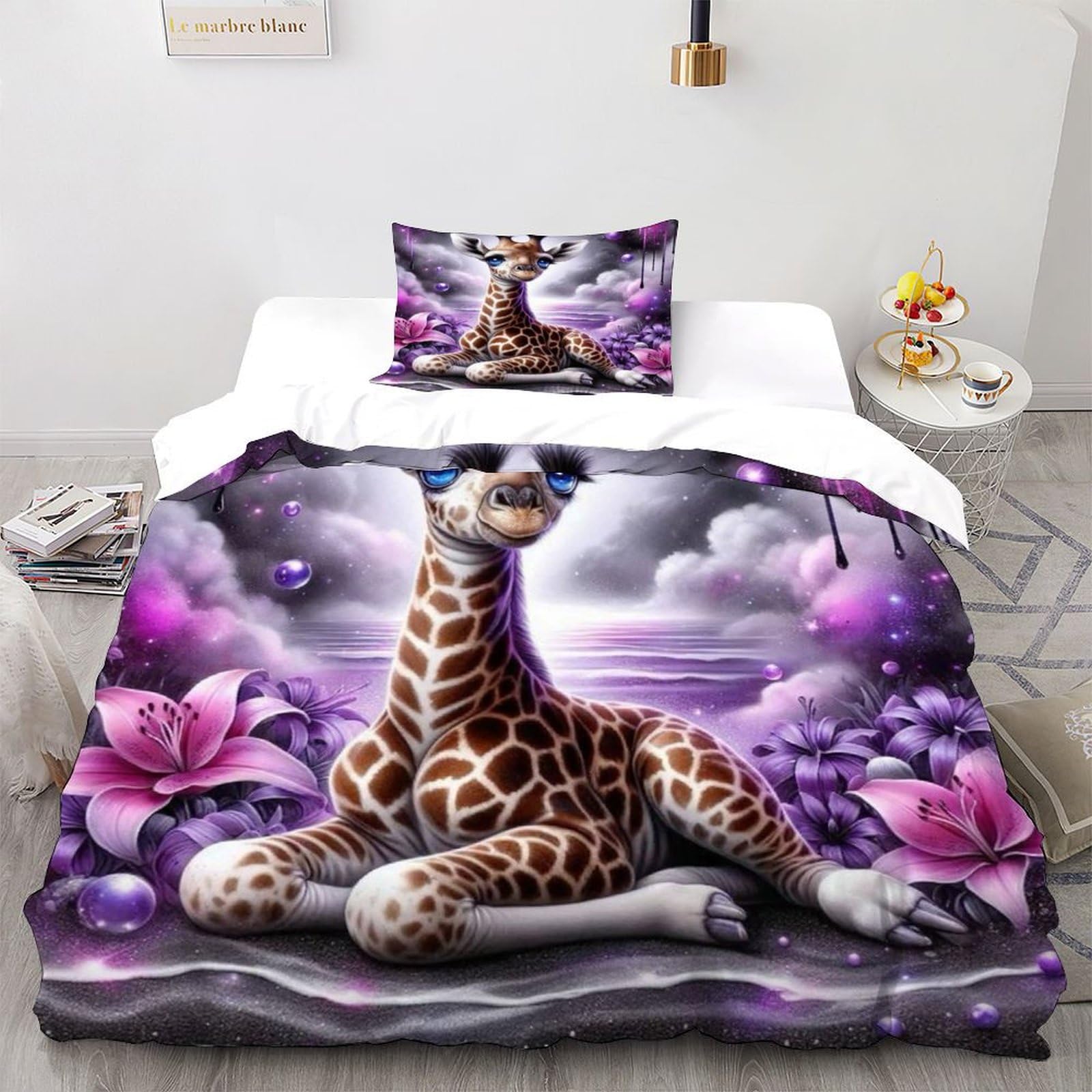 SOJFGSNAJ Purple Giraffe Duvet Cover Sets Animal Totem Ultrasoft Hypoallergenic Duvet Double Cover Bedding Set With Zipper Closure Single（135x200cm）