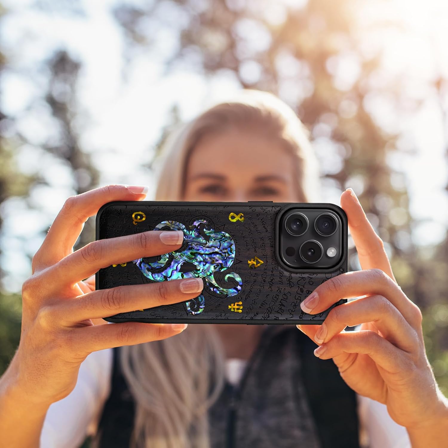 Carveit Magnetic Case for iPhone 16 Pro Max Case, Wood Artisan Engraved & Handmade Shell Inlaid, TPU Shockproof Cover, Compatible with MagSafe Wireless Chargers (Octopus and Octagonal Star) Blackwood