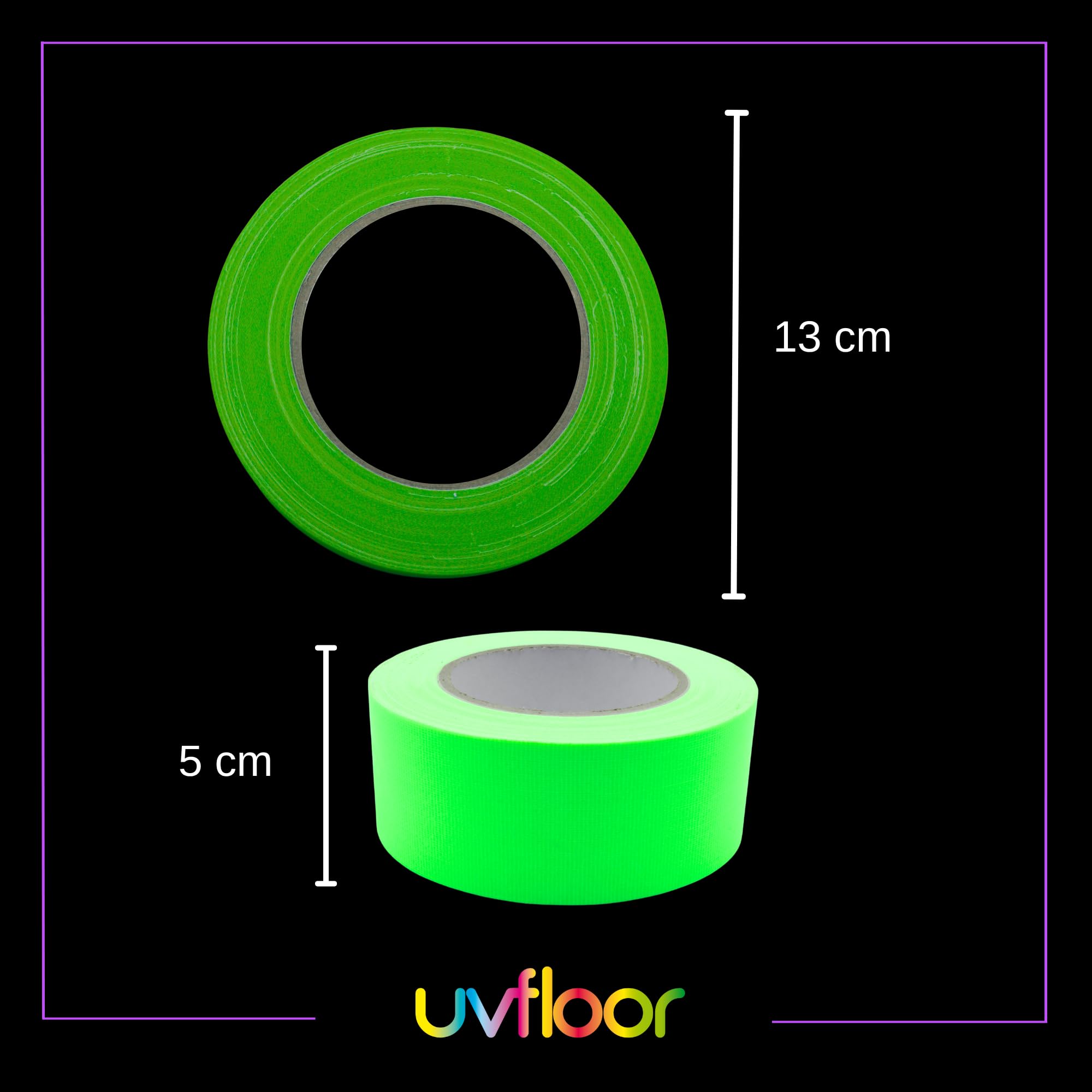UV FLOOR - Gaffer Adhésif Vert Fluo 50mm X 25M - Gaffer Qualité Premium - Accessoire Fluorescent - Fête - Bande Adhésive Décorative