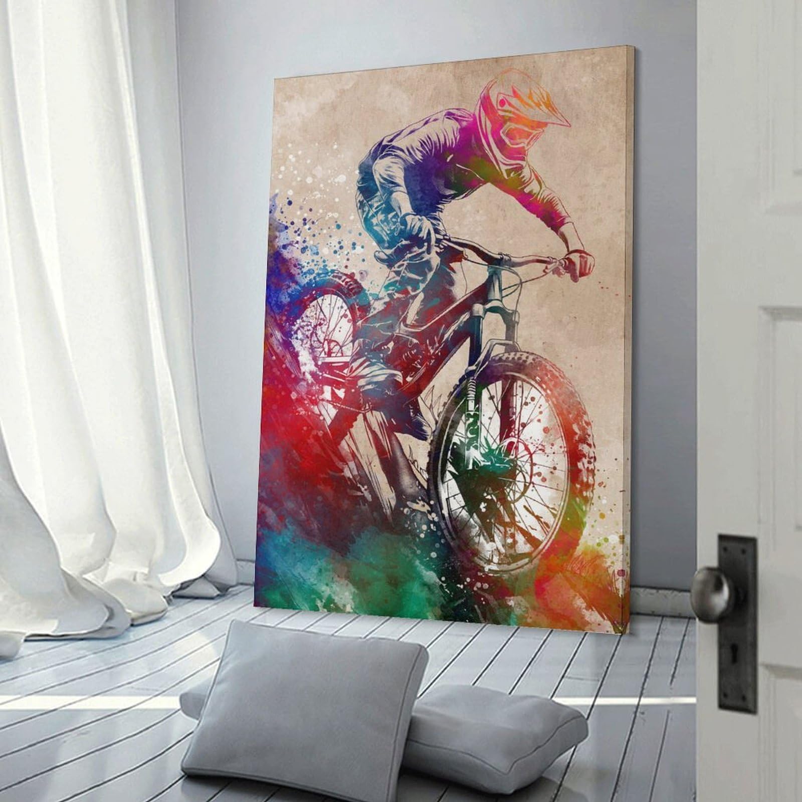 Junmoney Mountain Biker Watercolor Canvas Art Print, 12x18inch(30x45cm), for Home Walls, Creative Rooms Or Shared Spaces, Decorative Artwork with Broad Appeal