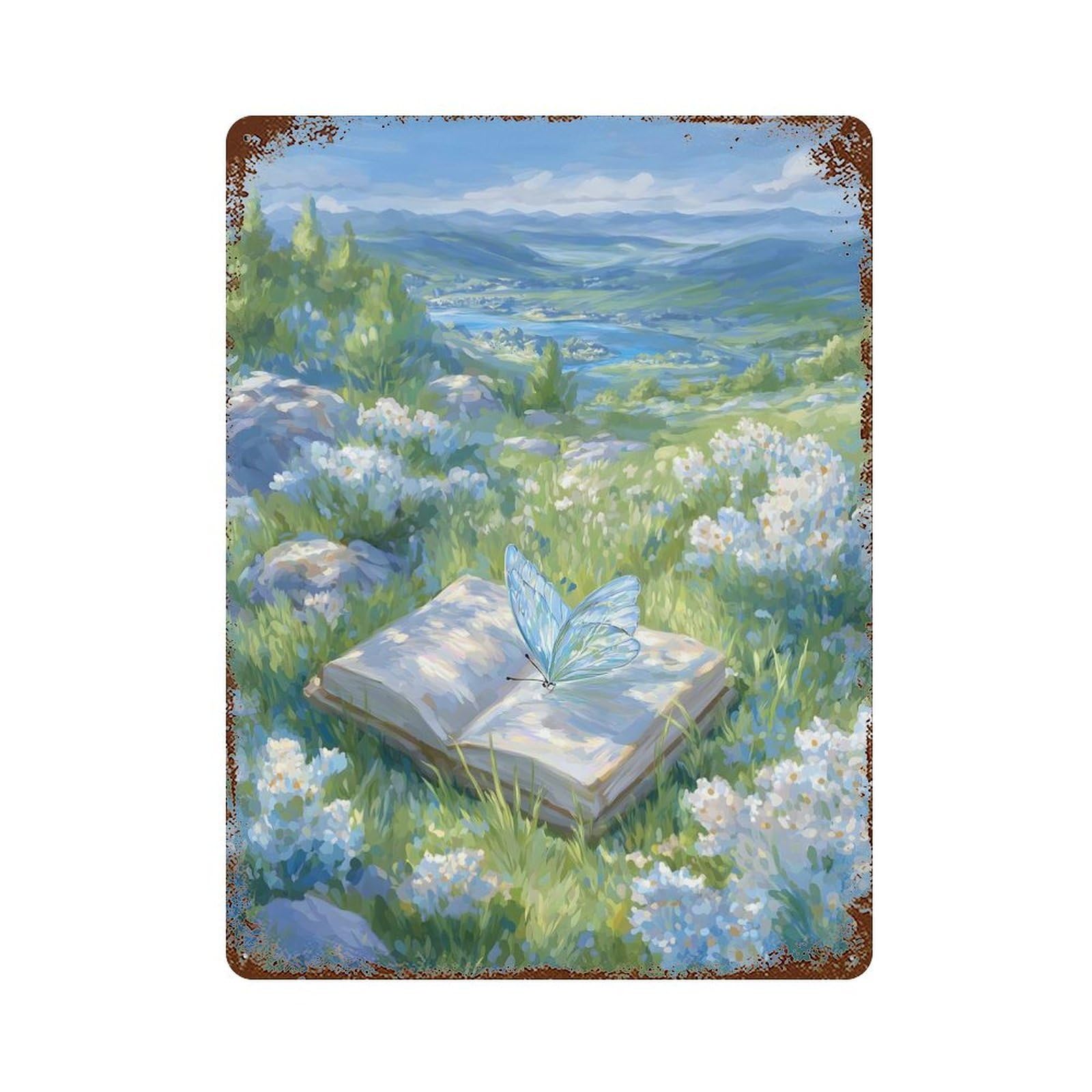 Butterfly on Book in Meadow Painting Rust Effect Tin Sign 15.7"x11.8", Ideal for Shed, Workshop And Garage Wall Decor