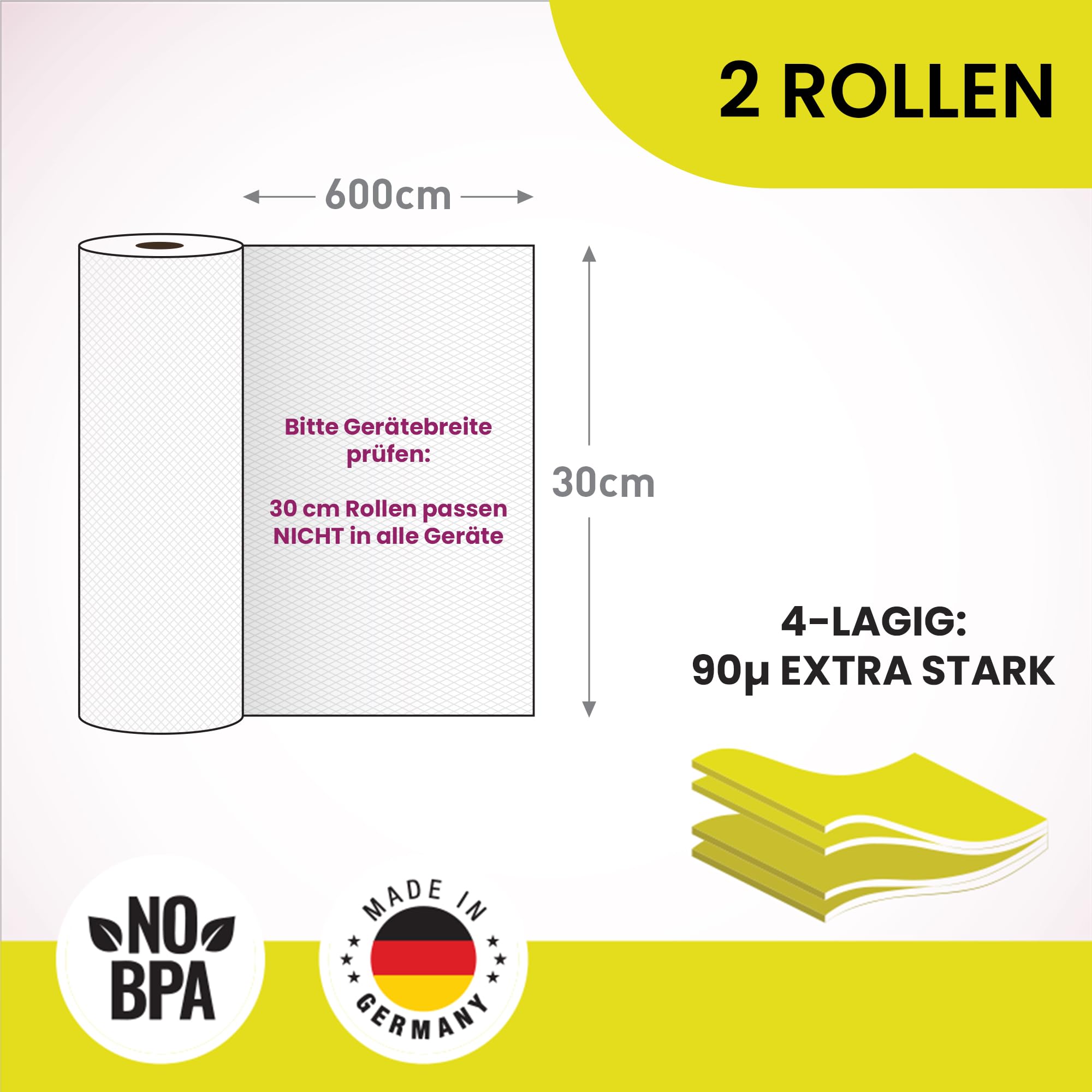culivac Vakuumierfolienrollen Boilproof 2 Rollen 30x600cm, kochfest 100°C | Vakuumierrollen für Sous-Vide bei hoher Temperatur, zuschneidbar, BPA-frei, dicht, 6× längere Frische, Made in Germany