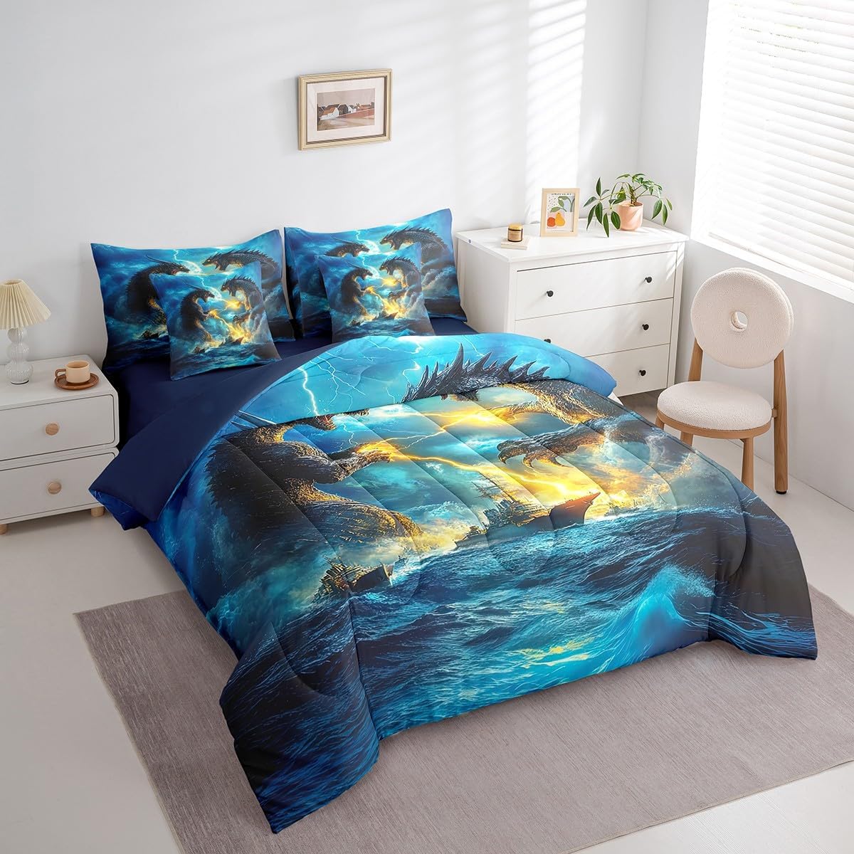 Erosebridal 7Pcs Kids Comforter Sets Full Size, Dragon Comforter Set 3D Fierce Animal Theme Bedding Bed in a Bag(1 Comforter, 1 Flat Sheet 1 Fitted Sheet 2 Pillowcases and 2 Throw Pillow Covers)