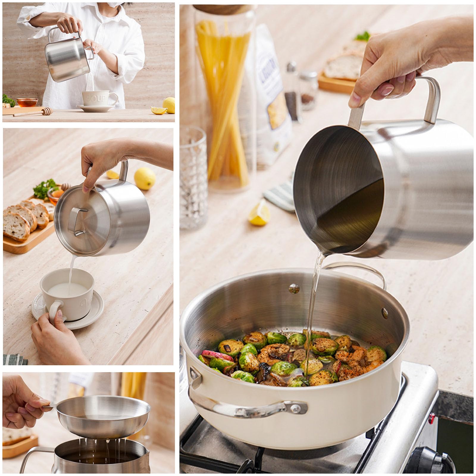 Olla coladora de aceite 2 en 1 de acero inoxidable 304, recipiente de filtro multifuncional grande con cesta de freír para cocinar, drenar y almacenar aceite de cocina