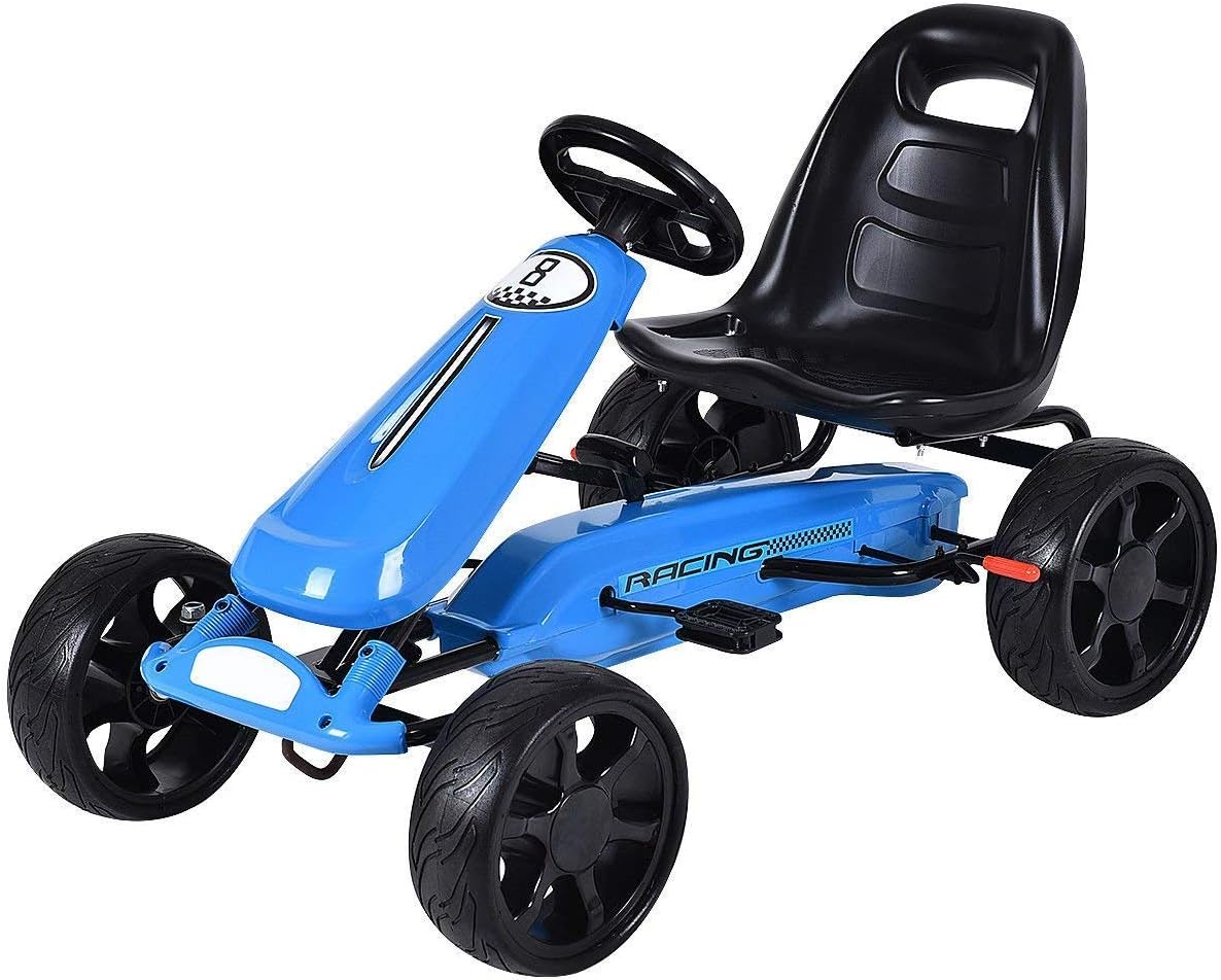 Pedal Go Kart, 4 Wheel Powered Ride On Toy, Pedal Car with Ergonomic Adjustable Seat, Handbrake, Non-Slip Rubber Wheels, Go Kart for Kids 2-5, Gift for Boys Girls (Blue)