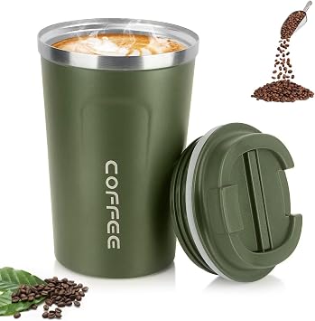 Coffee Cup, 380ml Vacuum Insulated Travel Mug, Leakproof Double Wall Stainless Steel Reusable Coffee Cup with Lid for Hot & Cold Drinks Dark Green