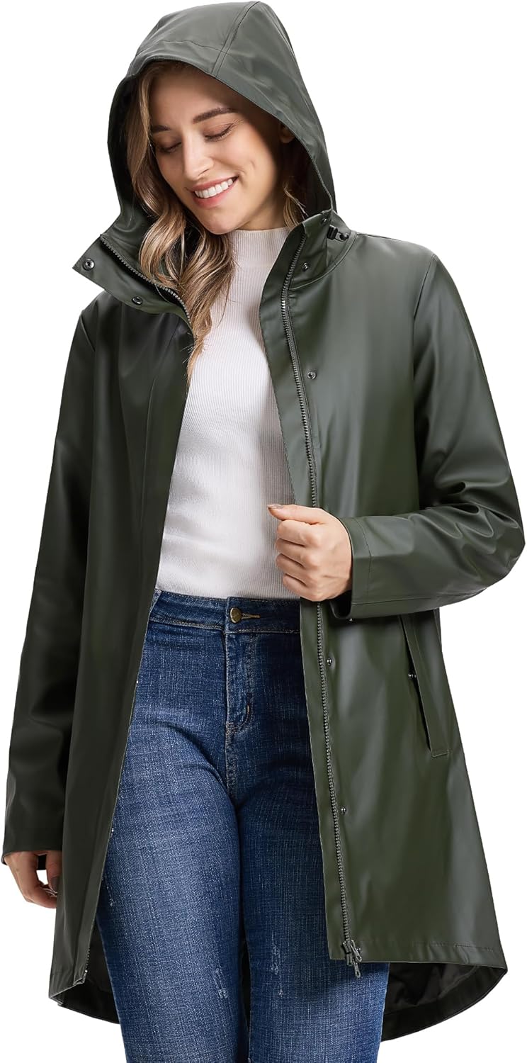 Outdoor Ventures Women's Waterproof Long Rain Jackets Lightweight Rain Coats with Hood Trench Coats PU Windbreaker - Image 2