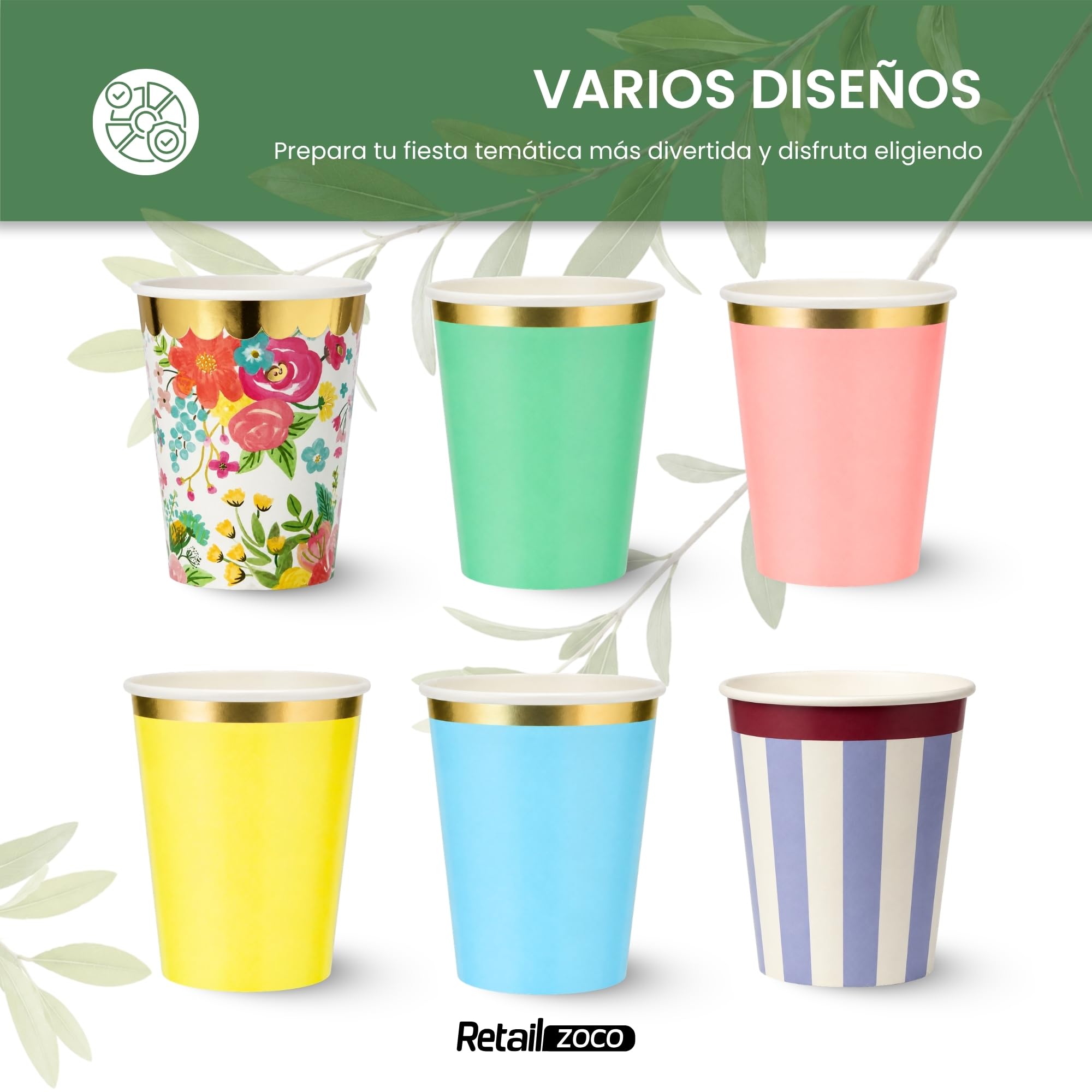 Vasos de cumpleaños, Vasos Desechables cartón, Diseño Rayas, 6 Unidades - imagen 6