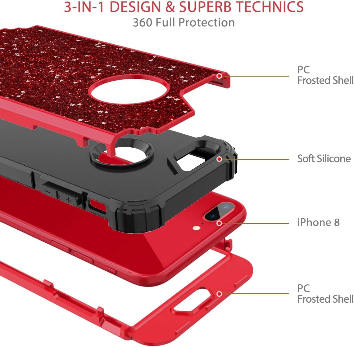 Hekodonk for iPhone 8 Plus/7 Plus Case,3 Layer Luxury Bling Sparkle Shiny Heavy Duty Shockproof Fullbody Protective Impact Hybrid Cover for Apple iPhone 8 Plus/iPhone 7 Plus Bling Red