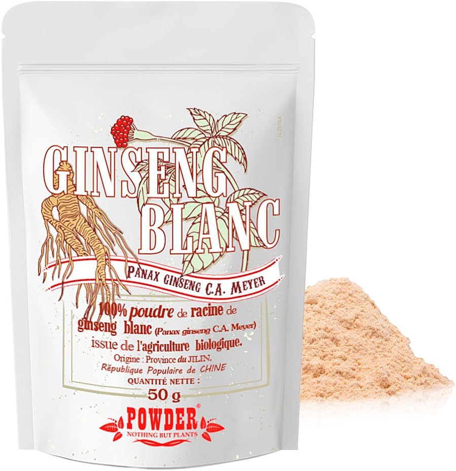 GINSENG BLANCO ECOLÓGICO EN POLVO * 25 raciones / 50g * Adaptógeno, energía, vitalidad, anti-cansancio, libido, sistema circulatorio * Garantía de satisfacción o reembolso * Fabricado en Francia