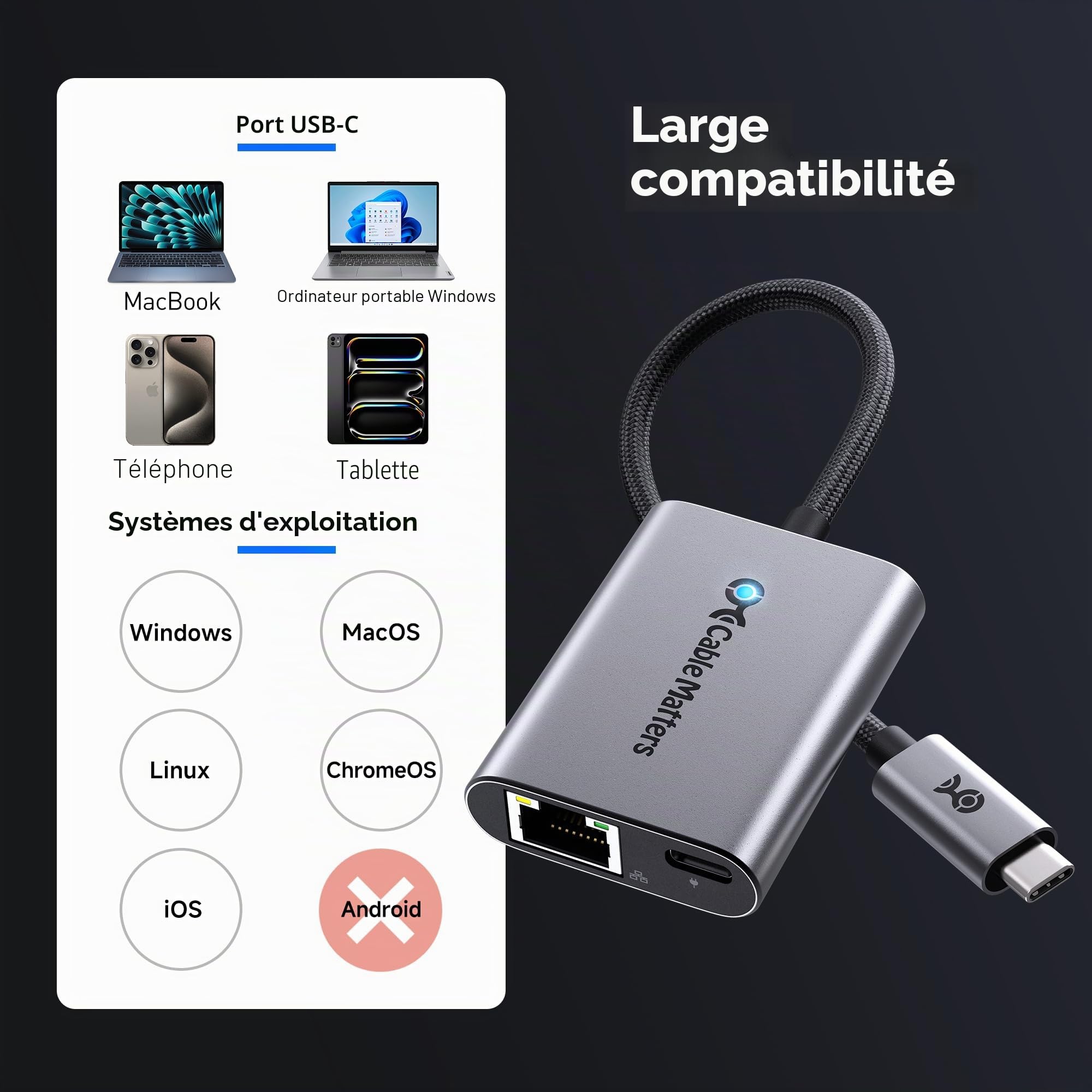 Cable Matters Adaptateur USB-C vers Ethernet 2,5 GB, avec Charge de 140W | USB-PD 3.1, USB4/Thunderbolt 4/5, MacBook, ordinateur portable, iPad et appareils USB-C, Ethernet 2,5 Gigabit vers USB-C