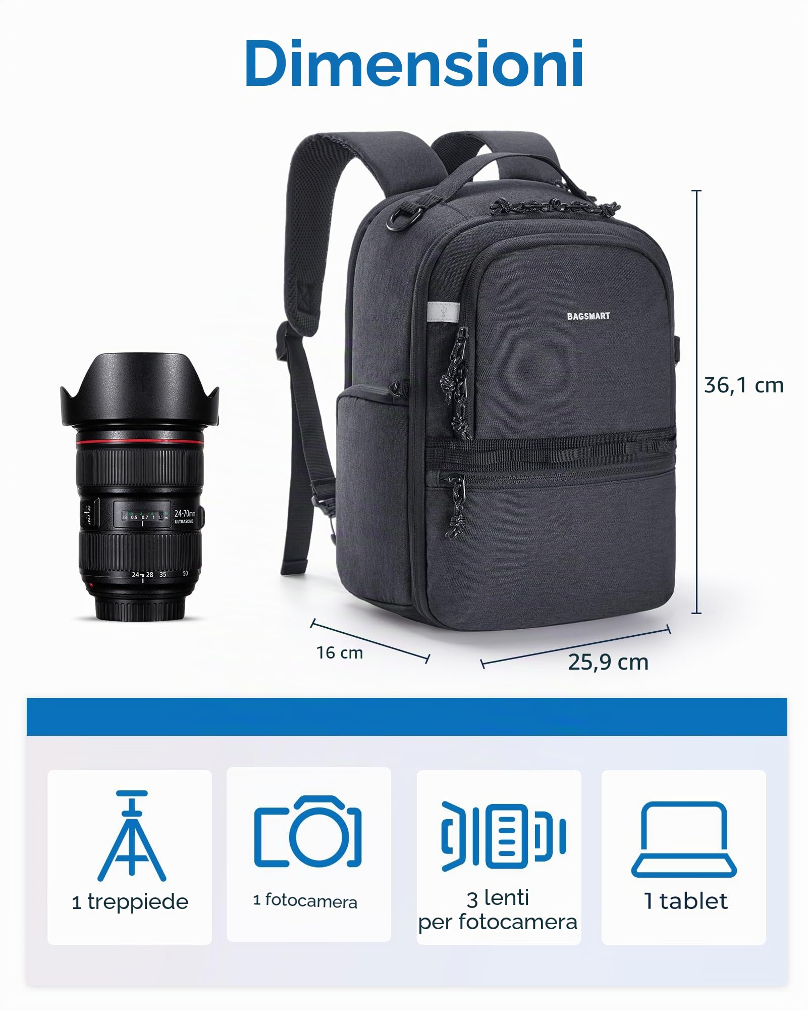 bagsmart Zaino per fotocamera, DSLR SLR piccola, compatibile con fotografi, tracolla 2 in 1, adatto per iPad da 12,9", per Sony, Canon, Nikon