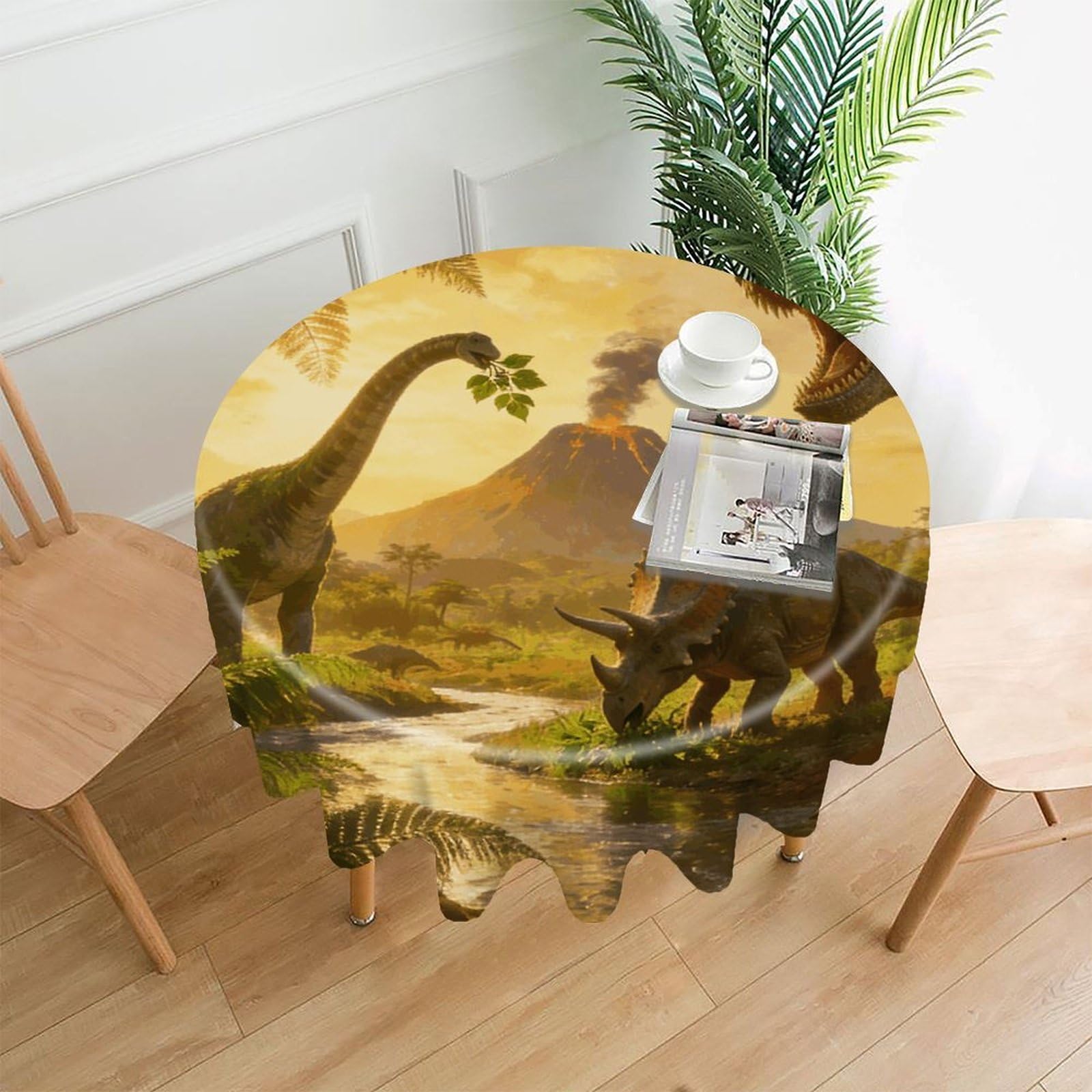 LZQPOEAS Dinosaur Land Tablecloth Easy to Clean Polyester Round Table Cover Washable Round Table Cloth Wrinkle-Free Circle Decoration Tablecloth for Kitchen and Dining Room 60"