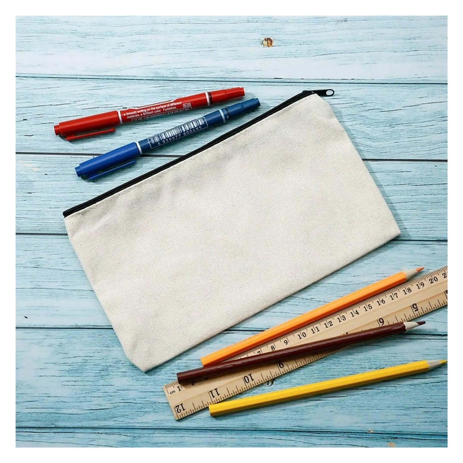 10 Stück blanko beige DIY Basteltasche Leinwand Federmäppchen Make-up Taschen Reißverschluss Bleistifttasche Kosmetiktasche Schule Handwerk Schreibwaren Zubehör, 10 x schwarzer Stoff