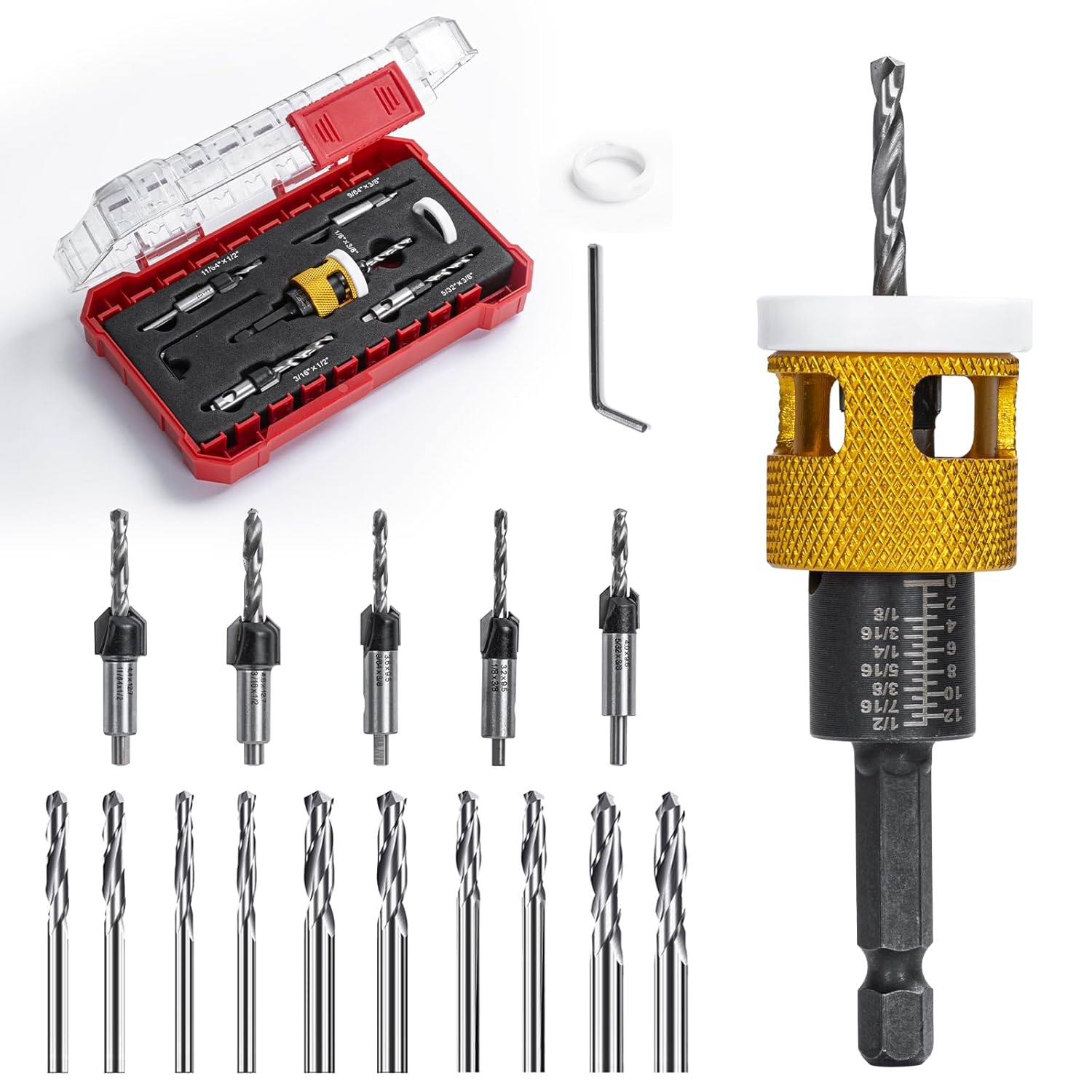 15 Pcs Countersink Drill Bit Set with Low Friction Depth Stop, HSS M2 Bits Tapered Head 1/8" 9/64" 5/32" Drill+3/8” 82° Counter-Bore,11/64" 3/16" Drill+ 1/2" 82° Counter Bore,1/4” Hex Shank(Yellow)