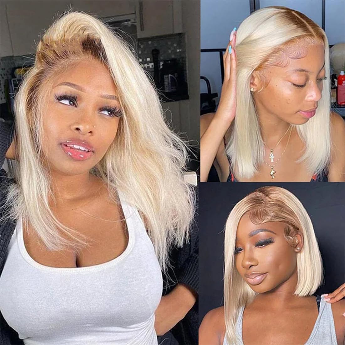 Msviki Ombre Blonde Bob Wig Human Hair 4/613 Full Hand-Dyed Roots Middle Part UHD Pre-Cut Swiss Lace 200% Density Pre Plucked Short Straight Bob