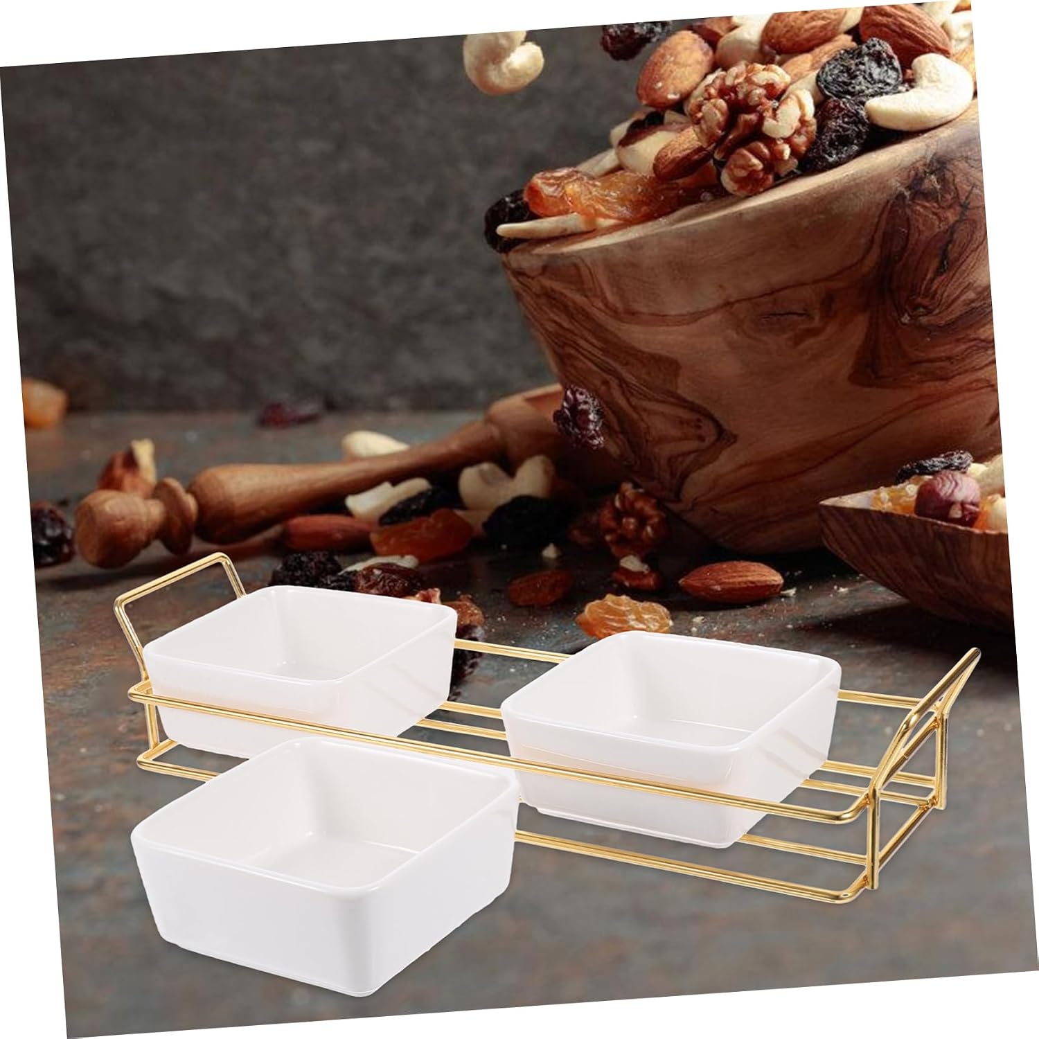 IMIKEYA 1set Divided Appetizer Serving Tray for Snacks Dried Fruits and Candy Multi-compartment Food Storage Dish with Metal Rack Stand for Entertaining and Parties