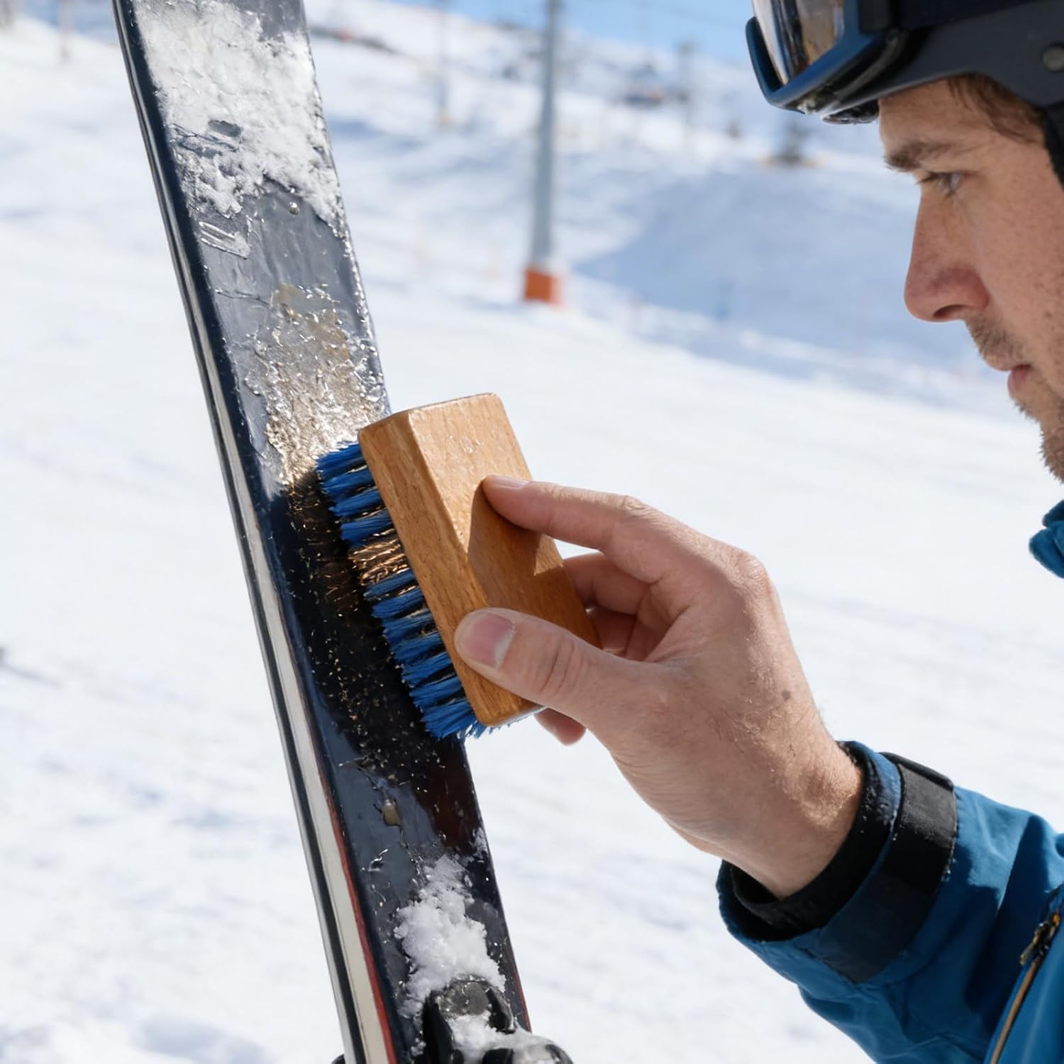 Ski Snowboard Care Brush with Wood Handle Brass Nylon | Dual Bristle Cleaning, Winter Sports Tuning Accessory, Portable for Beginners and DIY Users