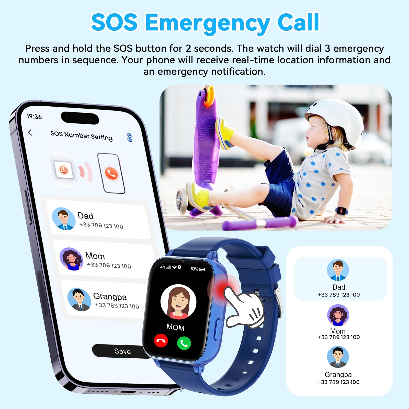Berilona 4G Montre Connectée Enfant, GPS Smartwatch Téléphone pour Filles Garçons avec Appels/Vidéo/Chat Vocal, SOS, Mode École, Alarme, Podomètre, Jeux Smart Watch pour Enfants 4-12 Cadeau,Blue