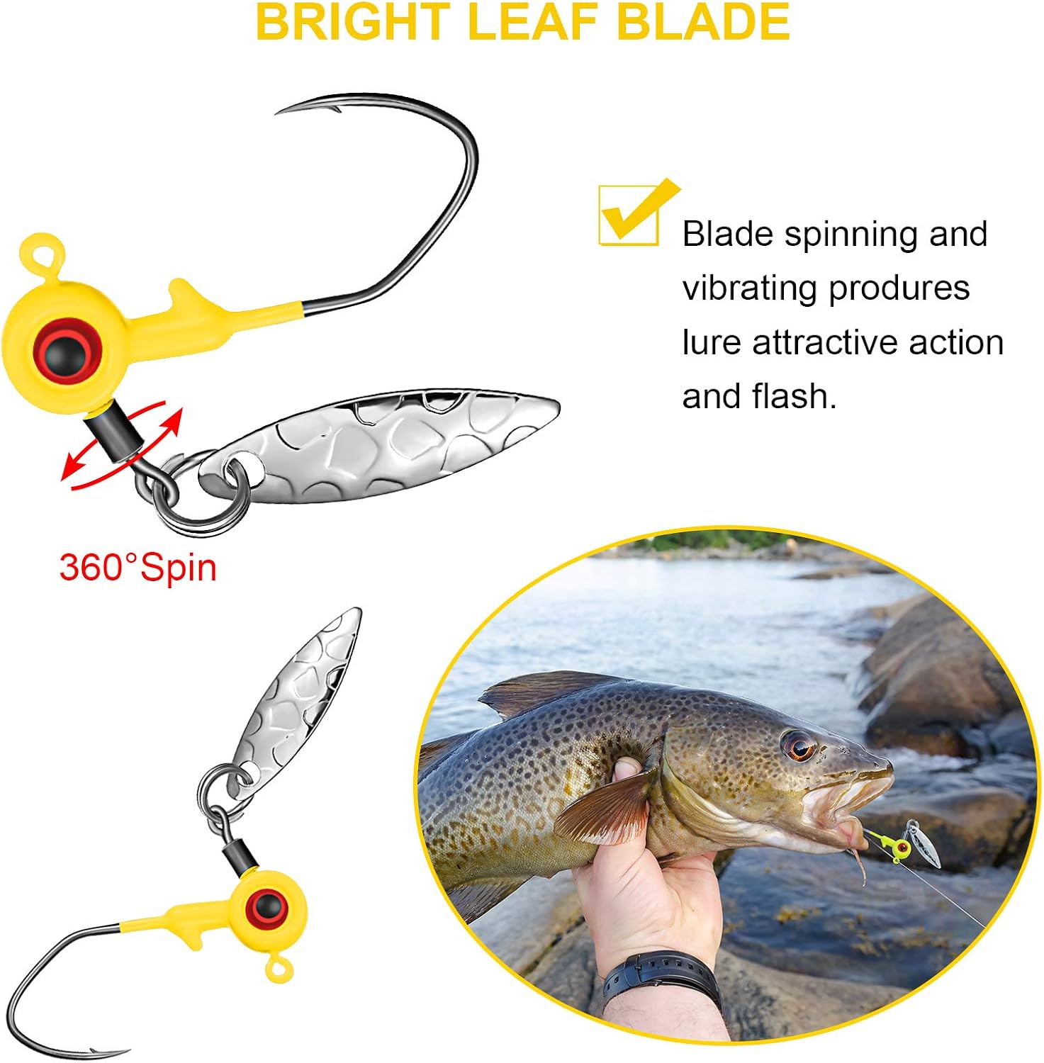 Skylety 15 Pcs Fishing Jig Heads Kit Fishing Lures Crappie Jig Road Heads Hook with Spinner Plastic Box for Freshwater Runner Bass