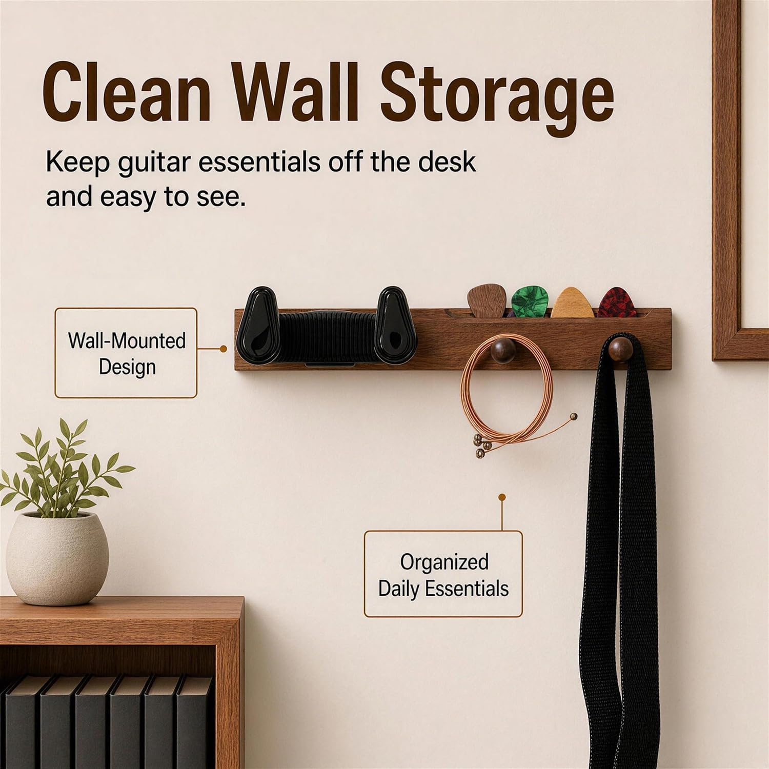 Guitar Wall Mount, Auto Lock Guitar Wall Hanger with Pick Holder, Solid Wood Guitar Hanger Wall Mount, Guitar Holder for Acoustic, Electric Guitar, Bass, Ukulele, Mandolin, Guitar Accessorie Gift