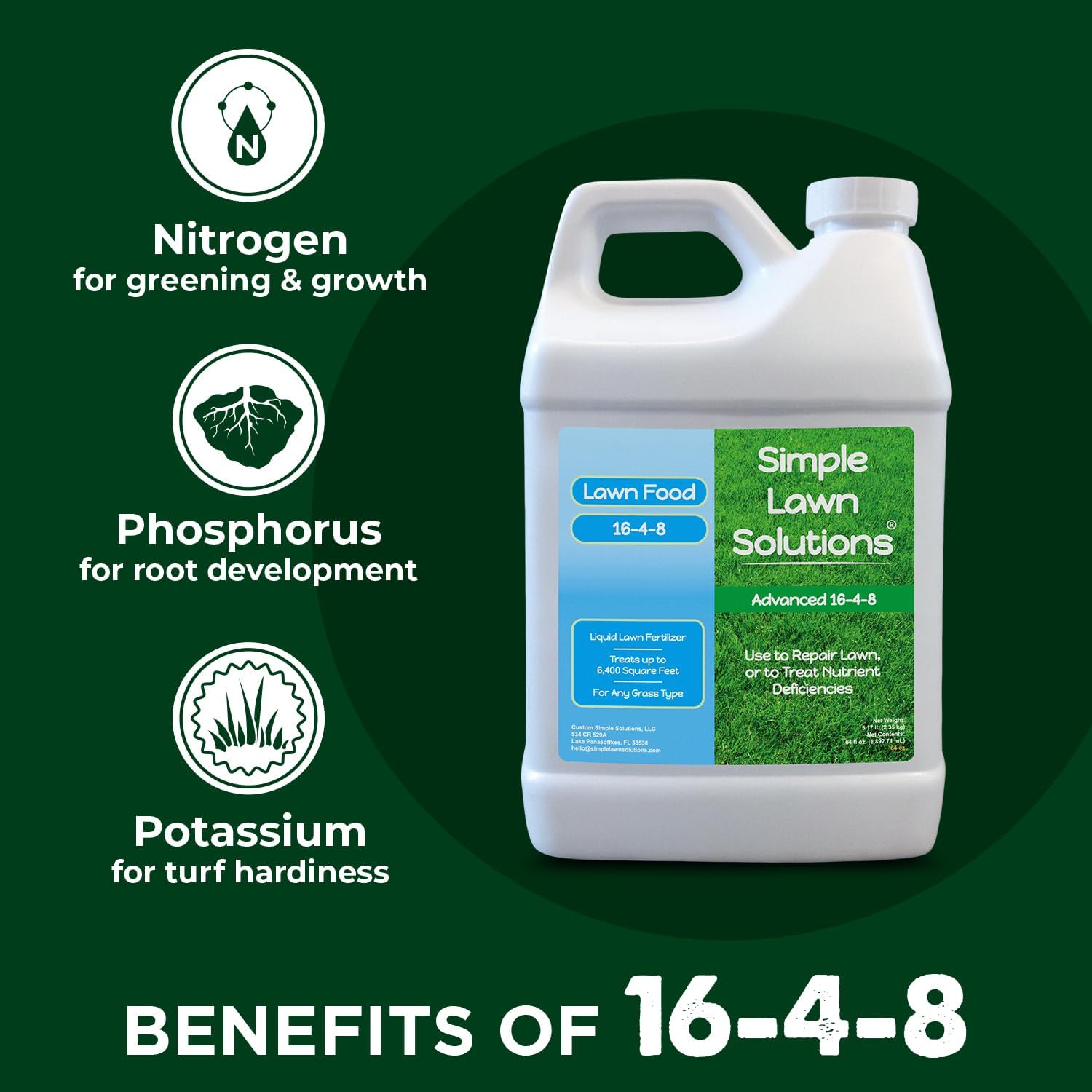 Advanced 16-4-8 Lawn Fertilizer - Liquid Lawn Food Spring & Summer Concentrated Spray - Any Grass Type- Fish and Seaweed Kelp- Balanced NPK - Simple Lawn Solutions (64 Ounce)