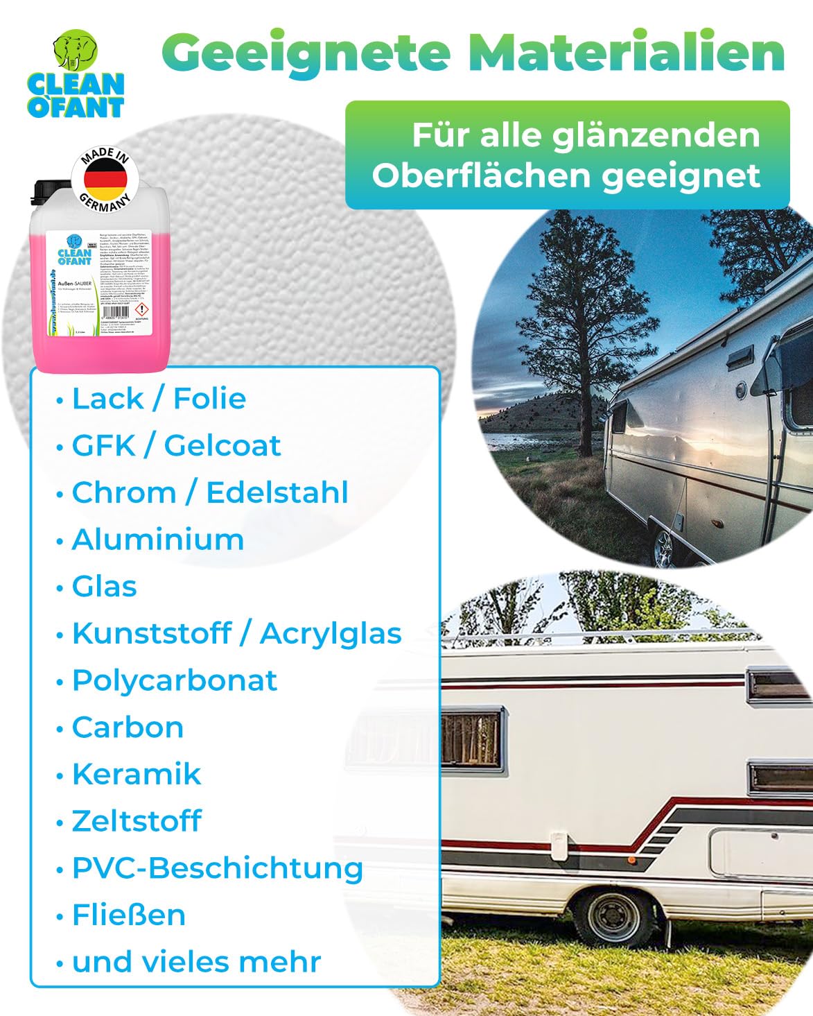CLEANOFANT Wohnwagen Reiniger Außen-SAUBER | 2,3 Liter | Wohnmobil Caravan Vorzelt reinigen - das Shampoo vereint Außenreiniger, Insektenentferner, Felgen- & Motorraum-Reiniger
