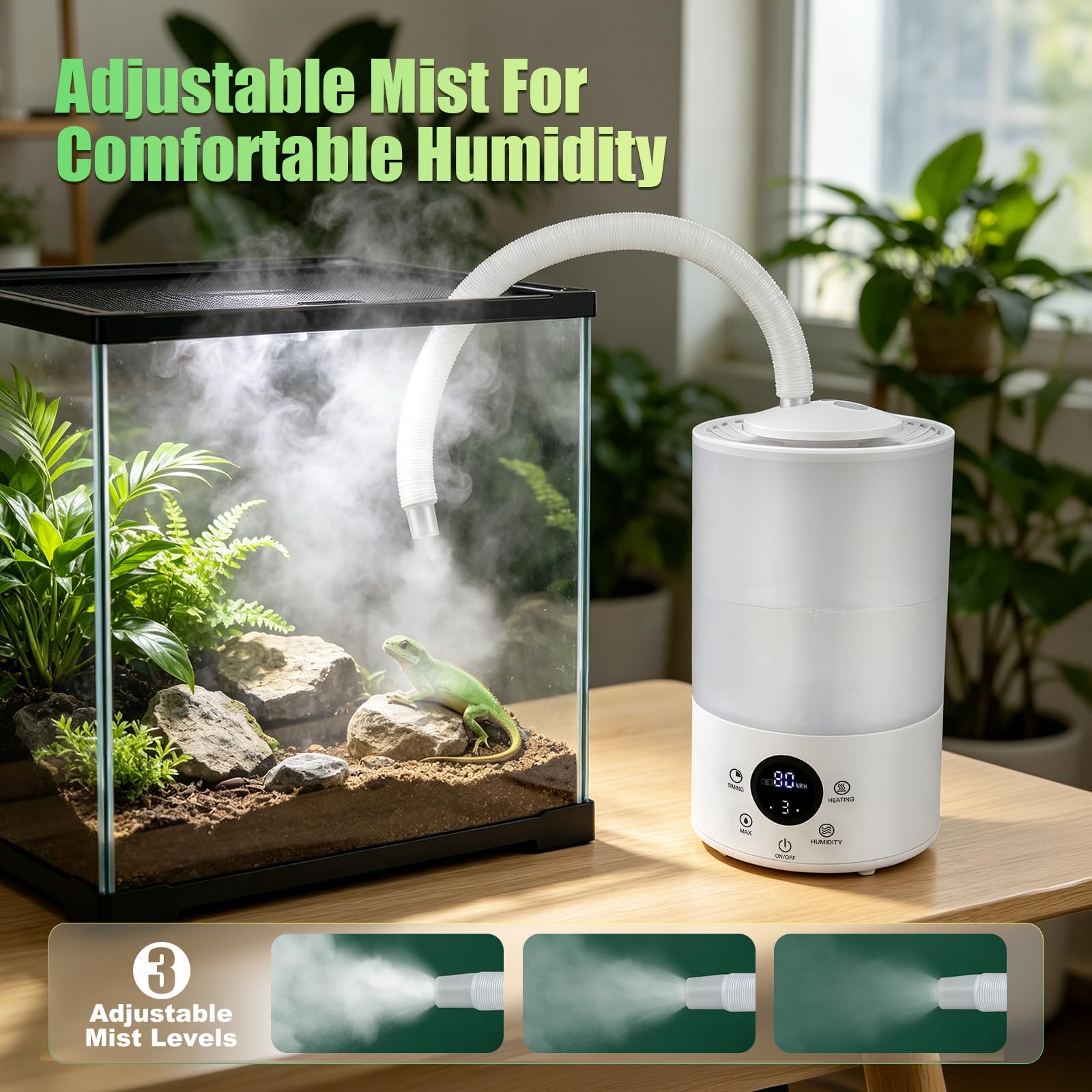 Humidificador de reptiles, 4 L, terrario con sensor de humedad, temporizador, manguera doble, dispositivo de niebla ultrasilencioso, máquina de niebla grande, para reptiles, anfibios, plantas
