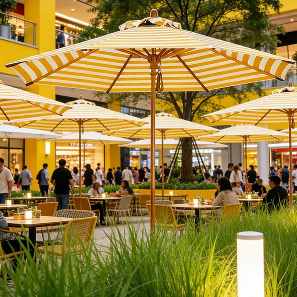Parasol ogrodowy 270 cm w żółto-białe paski,z drewnianym trzonkiem, UPF 50+