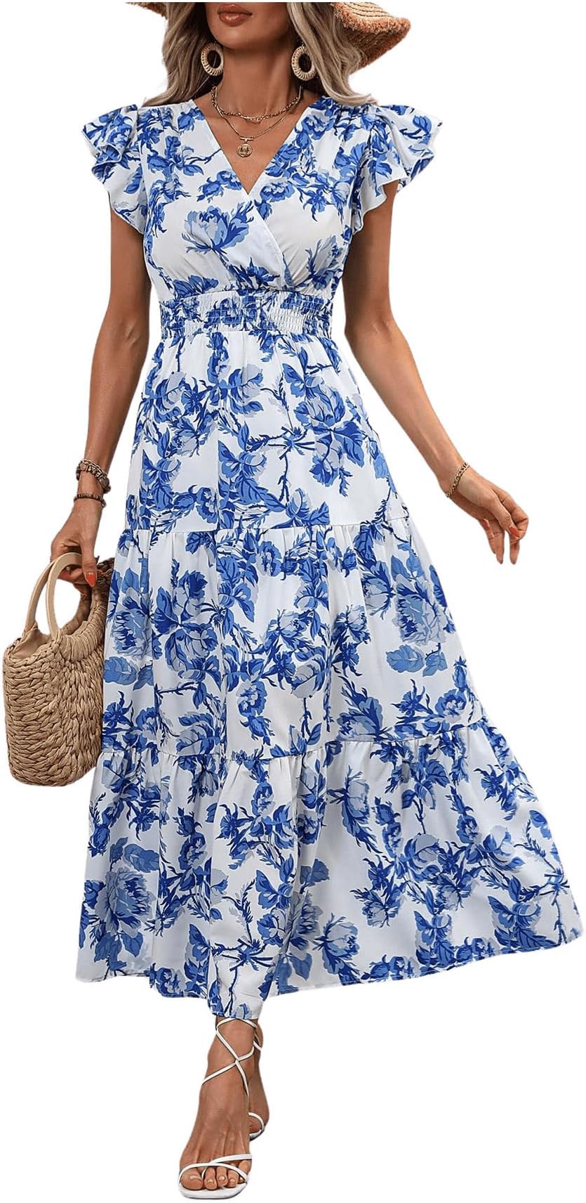 MilumiaSummer Flowy Bohemian Dresses for Women 2024 Boho Floral V Neck Ruffle Hem Maxi Dress