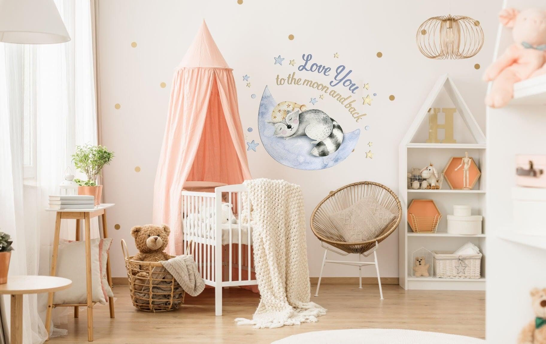 Adhesivo decorativo de pared para habitación de bebé, diseño de nube, luna, estrella, decoración de animales, para habitación de niño y niña, 55 x 55 pulgadas, diseño de rasqueta de luna