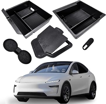 Set of 5 for Tesla 2026 Model Y L & 2025-2026 Model Y Juniper & 2024-2026 Model 3 Highland with Built-In Drawer Storage & Cup Holder Center Console Organizer Tray