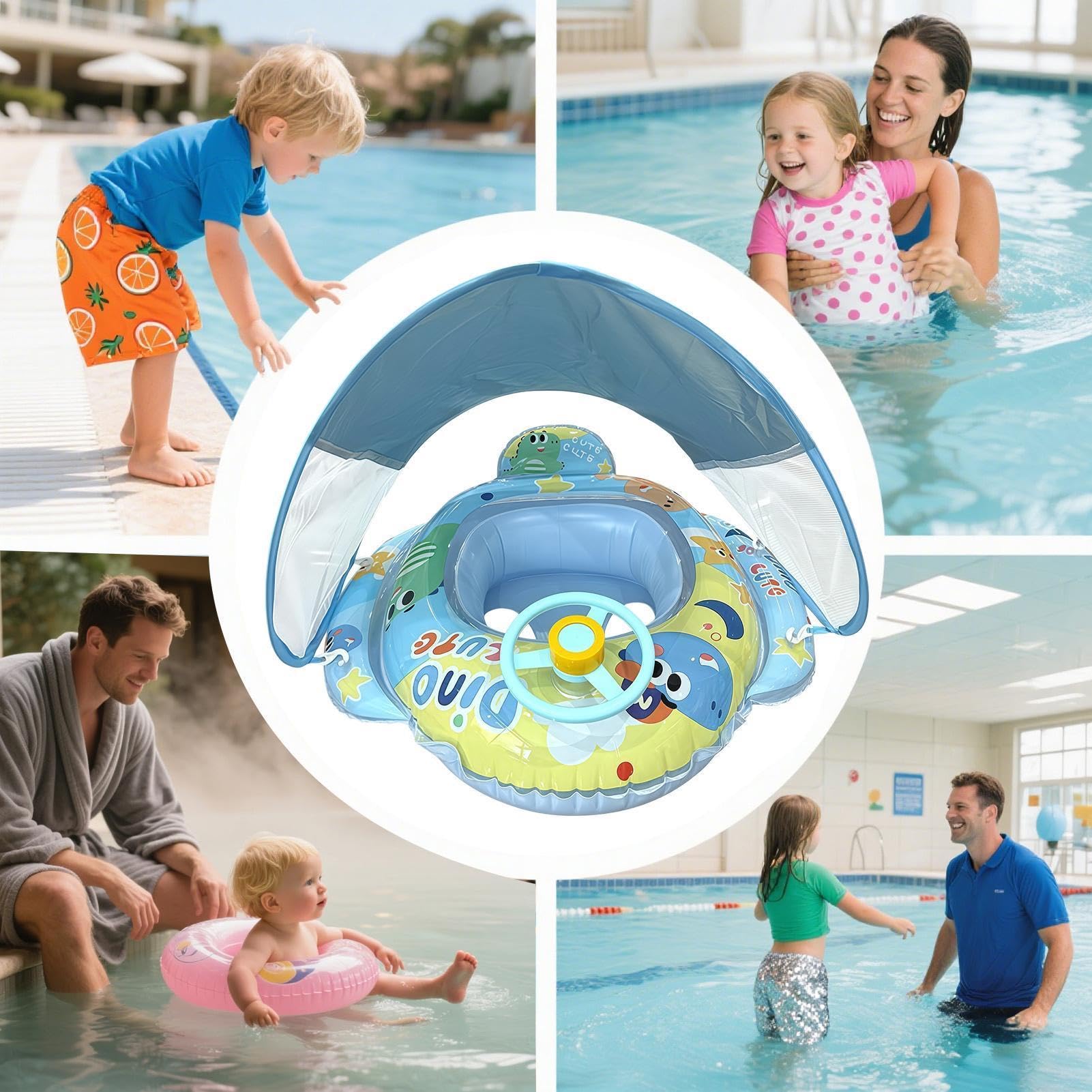 Flotador Infantil de Piscina con toldo Volante de Dinosaurio Inflable | Lindo para Natación con Toldo Para playa vacaciones parque acuático lago río viaje accesorio fotográfico