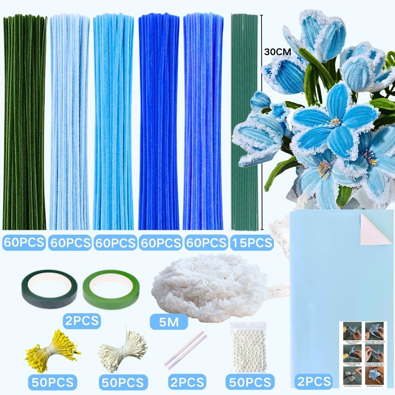 NafuXiaJJia 5-Color Blue Pipe Cleaner Flower Kit,300 Pcs Pipe Cleaners Craft,with 1 Roll Fluffy Yarn,50 Pearls,100 Flower Stamens,15 Floral Wire,2 Floral Tape,2 Wrapping Paper,Ribbon and Instruction