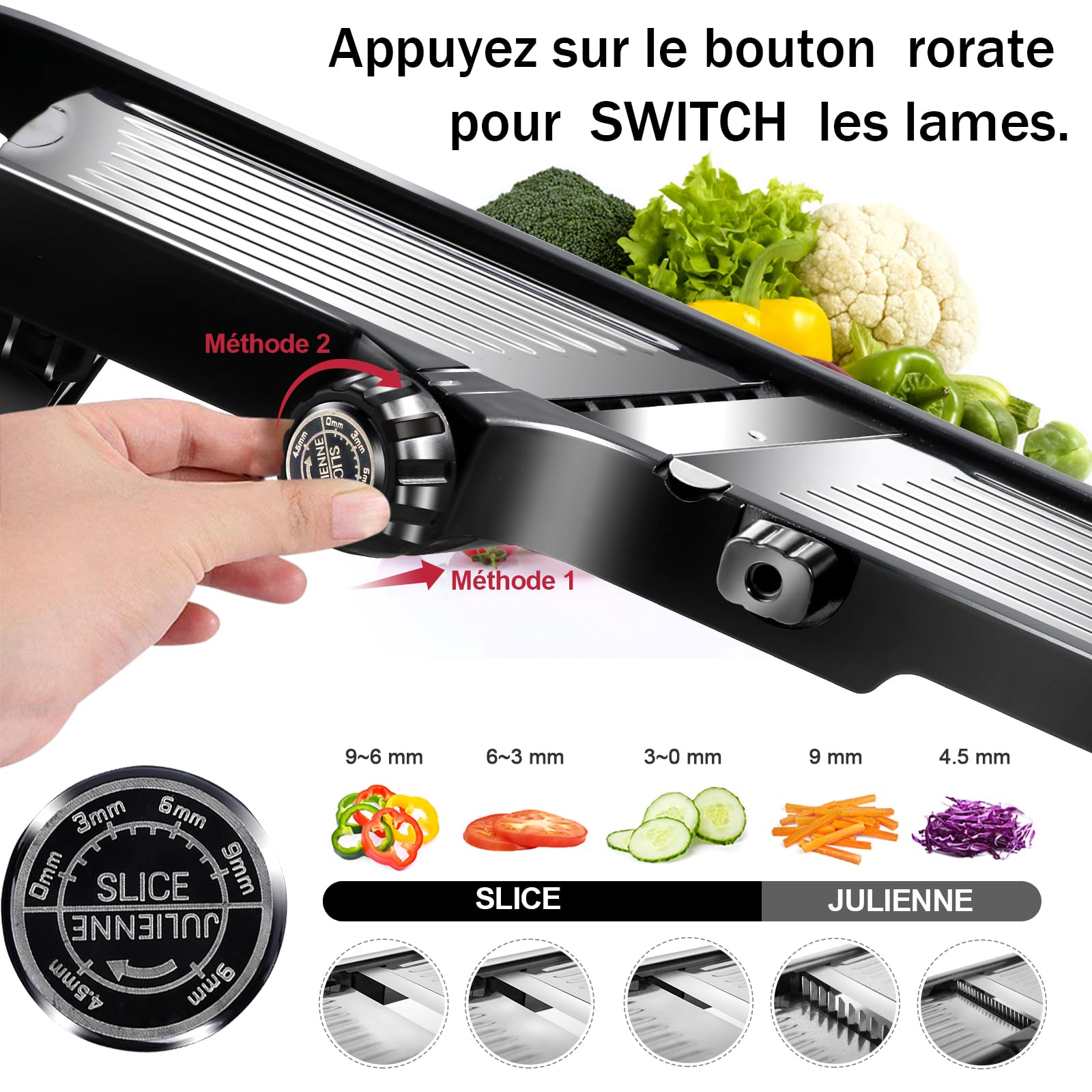 Masthome Mandoline de Cuisine Professionnelle en Inox, Coupe Legumes Multifonctions avec Epaisseur de Tranche Réglable, Mandoline Japonaise avec Gants et Brosse à Dents, pour Tranche et Julienne