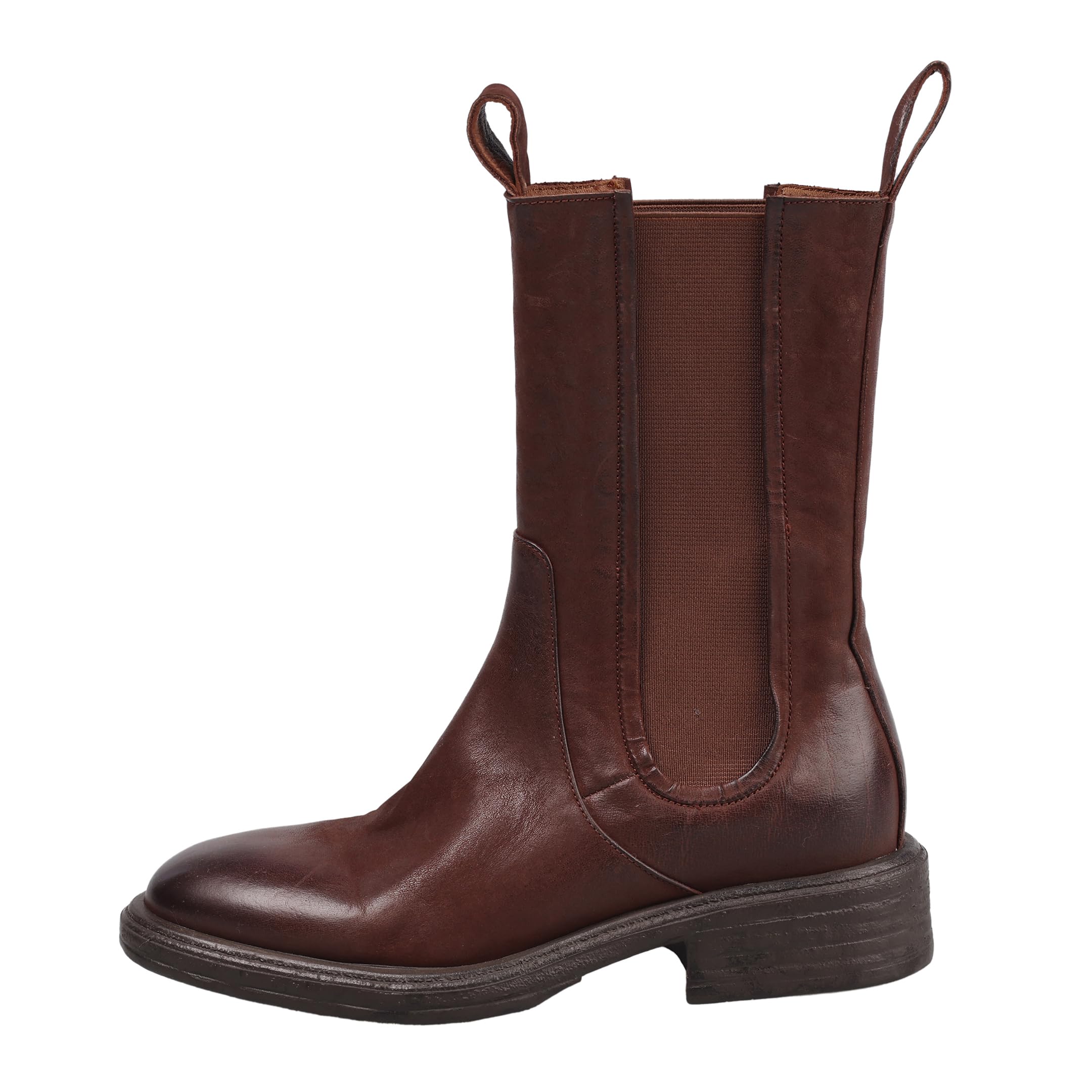 Womens Tall Chelsea Boots Full Grain Leather Mid-Calf Boot with Chunky Sole Round Toe Pull Tabs Elastic Gore