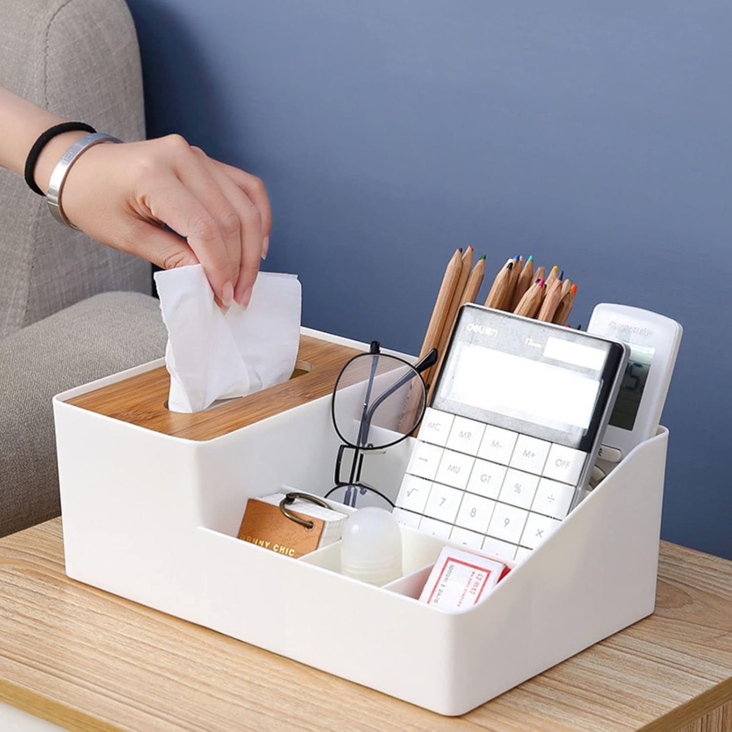 Tissue Box Holder PP Rectangular Tissue Box Cover/multi-functional Remote Control Bracket, with Three Compartments, Suitable for Storing Pens/mobile Phones/stationery, Office/home Desk Organizer (whit