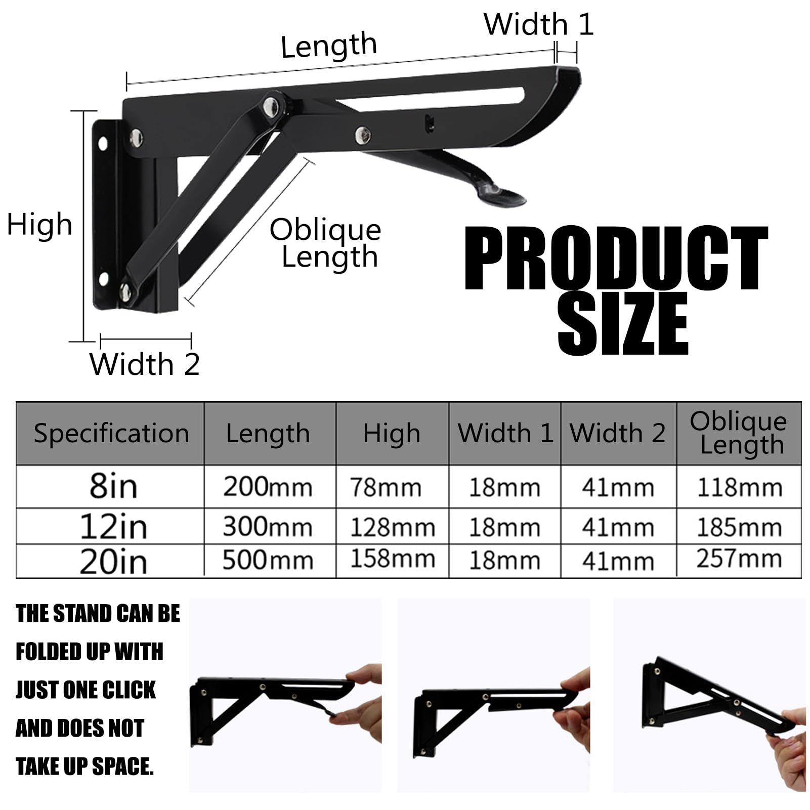 Support Equerre Pliable 500mm, Équerre Rabattable Charge Lourde 2 Pièces, Equerre Murale Rabattable, Consoles Pliantes pour Garage, Bureau, Chambre, Tablette Murale Rabattable 50 cm