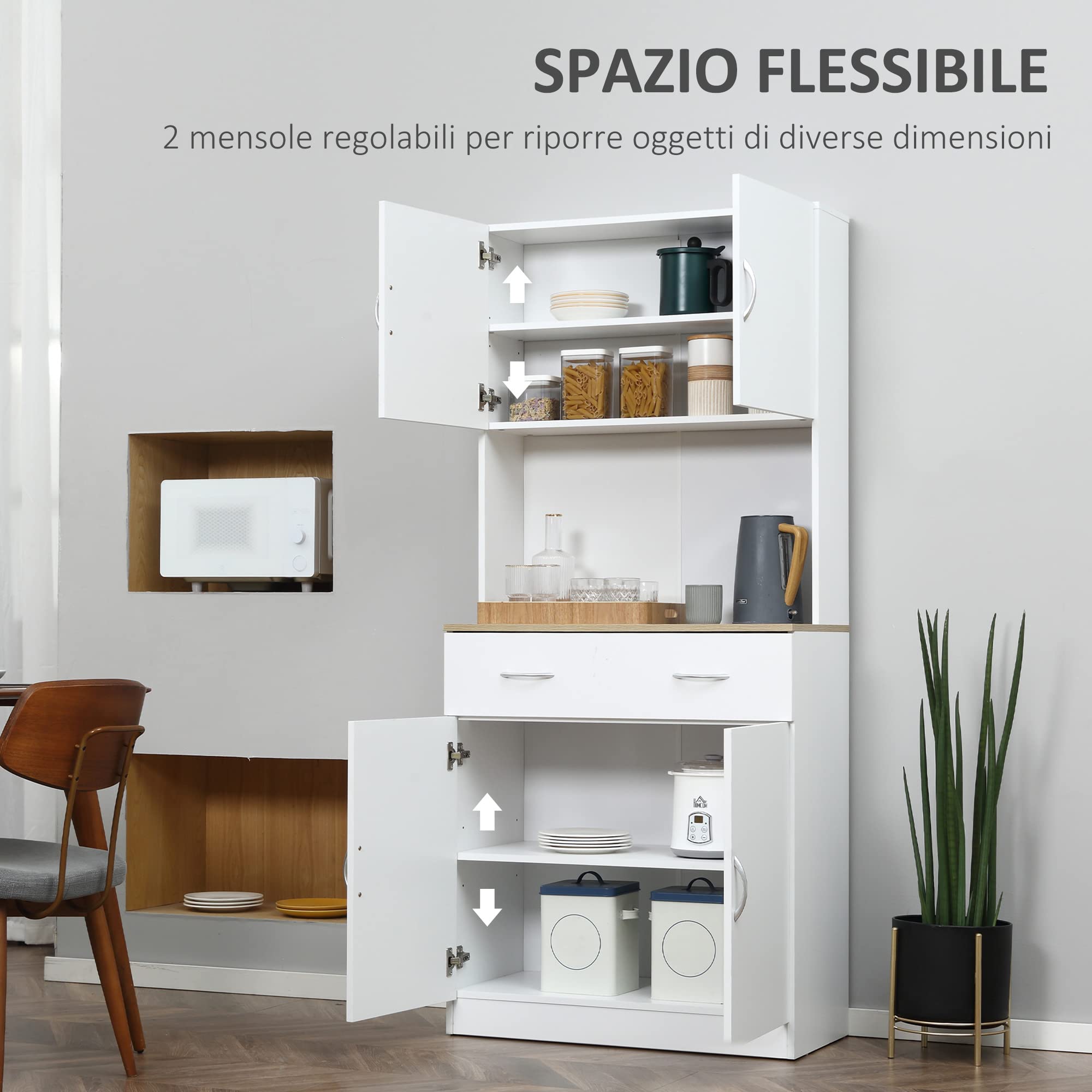 HOMCOM Mobile Cucina Alto 180cm con Armadietti a 2 Ante e Cassetto, Credenza Alta da Cucina in Legno con Ripiani Regolabili, per Cucina, Sala da Pranzo e Soggiorno, 80x40x180 cm, Bianco